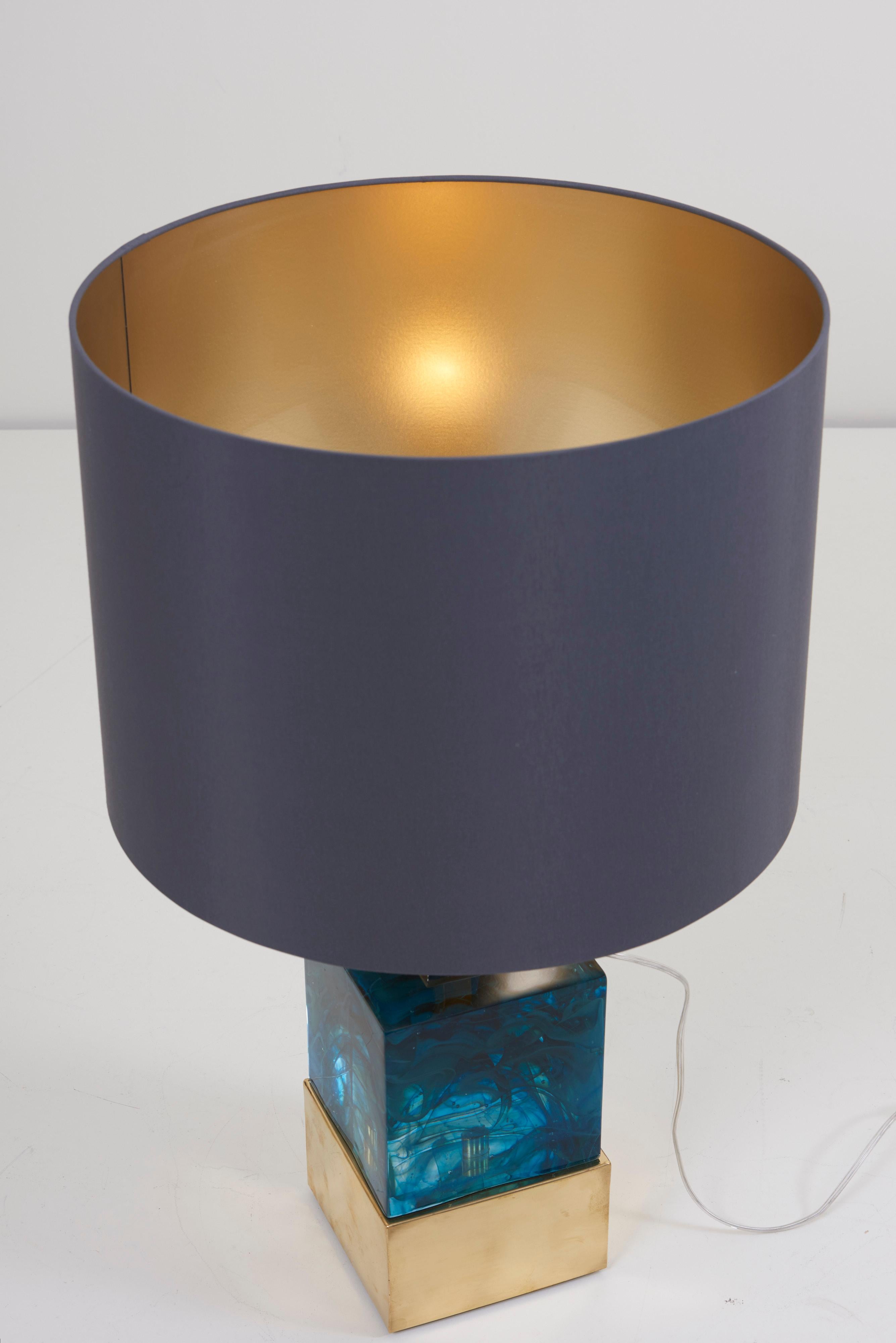 Pair of Brass and Murano Glass Cube Table Lamps For Sale 4