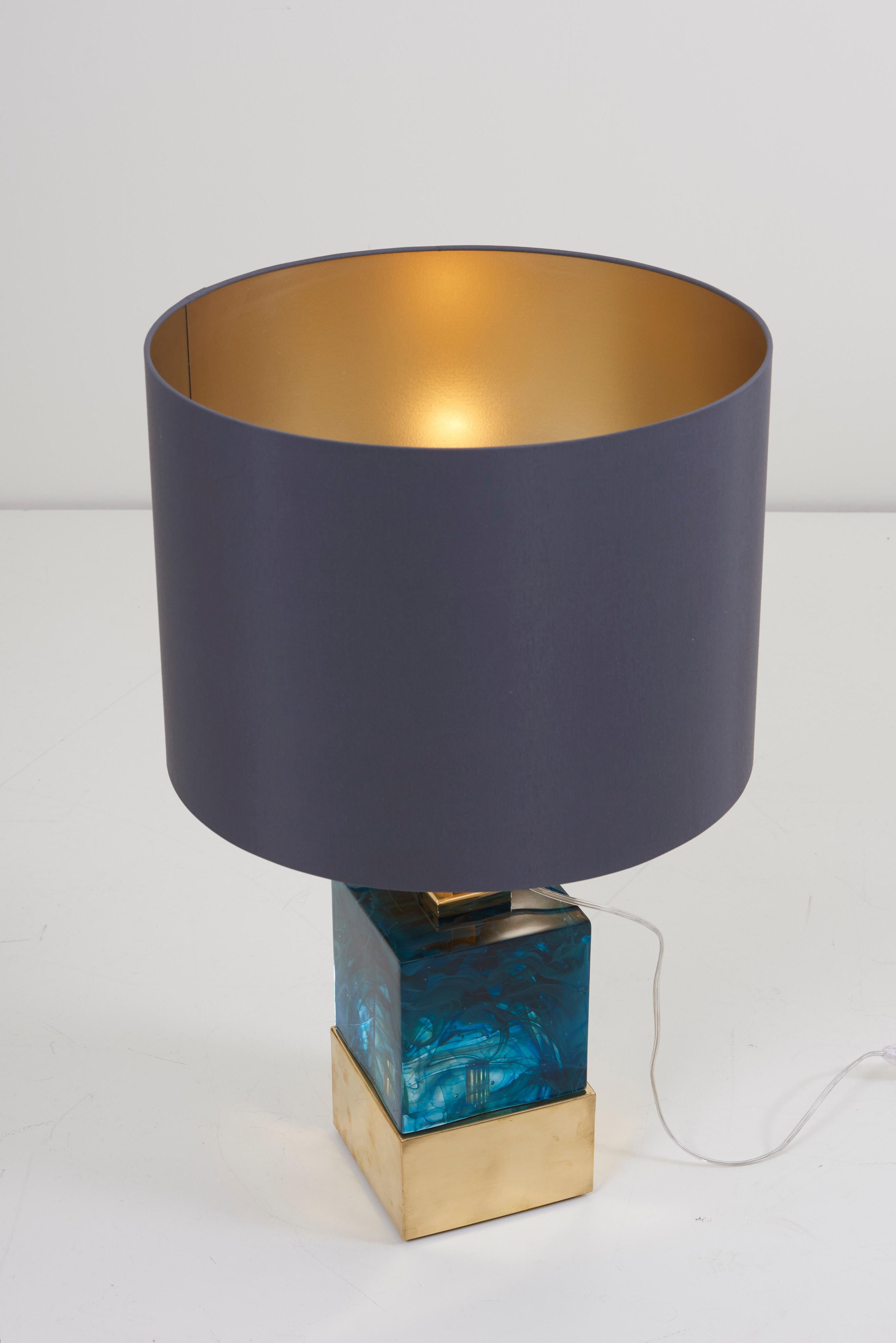 Pair of Brass and Murano Glass Cube Table Lamps For Sale 5