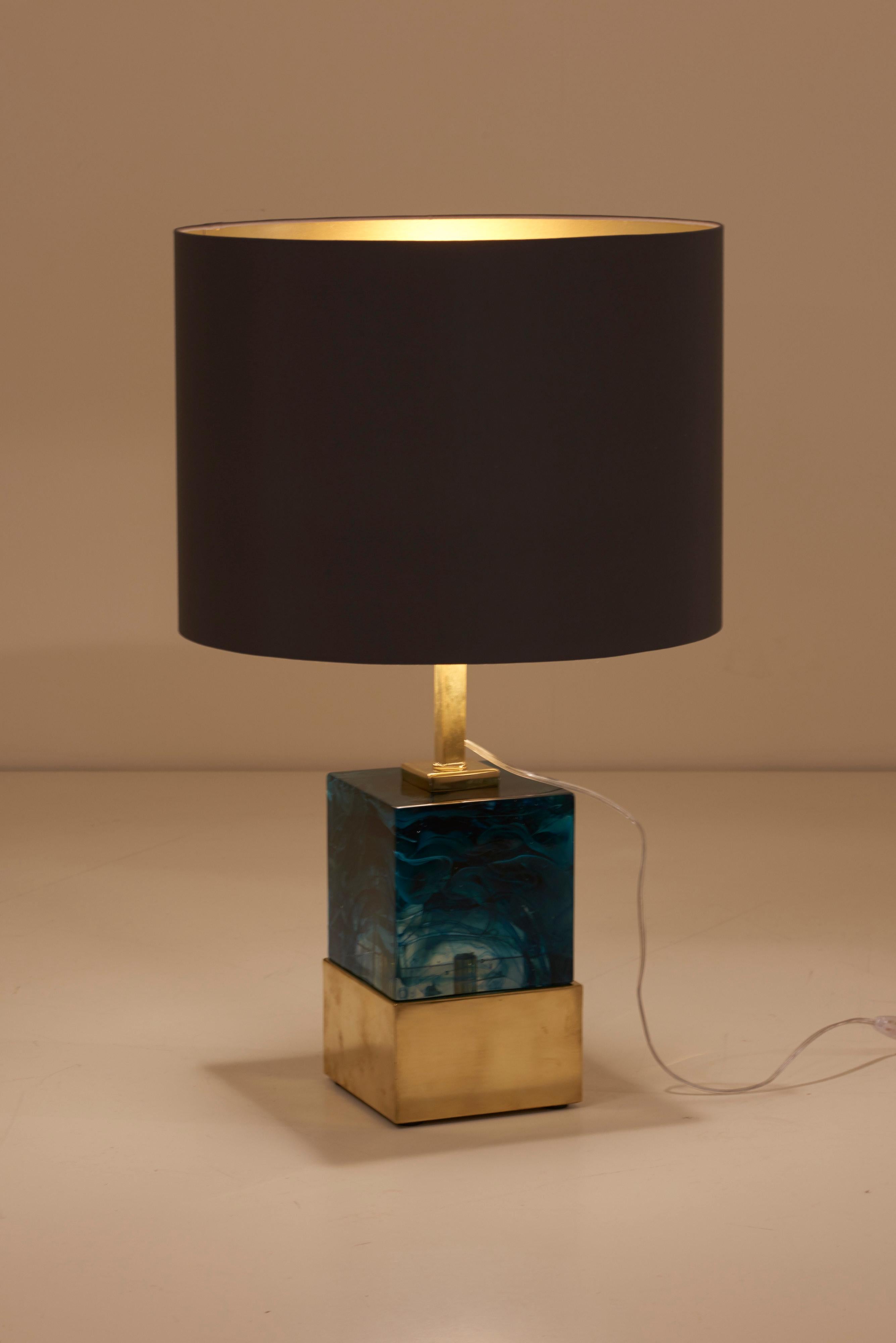 Pair of Brass and Murano Glass Cube Table Lamps For Sale 1