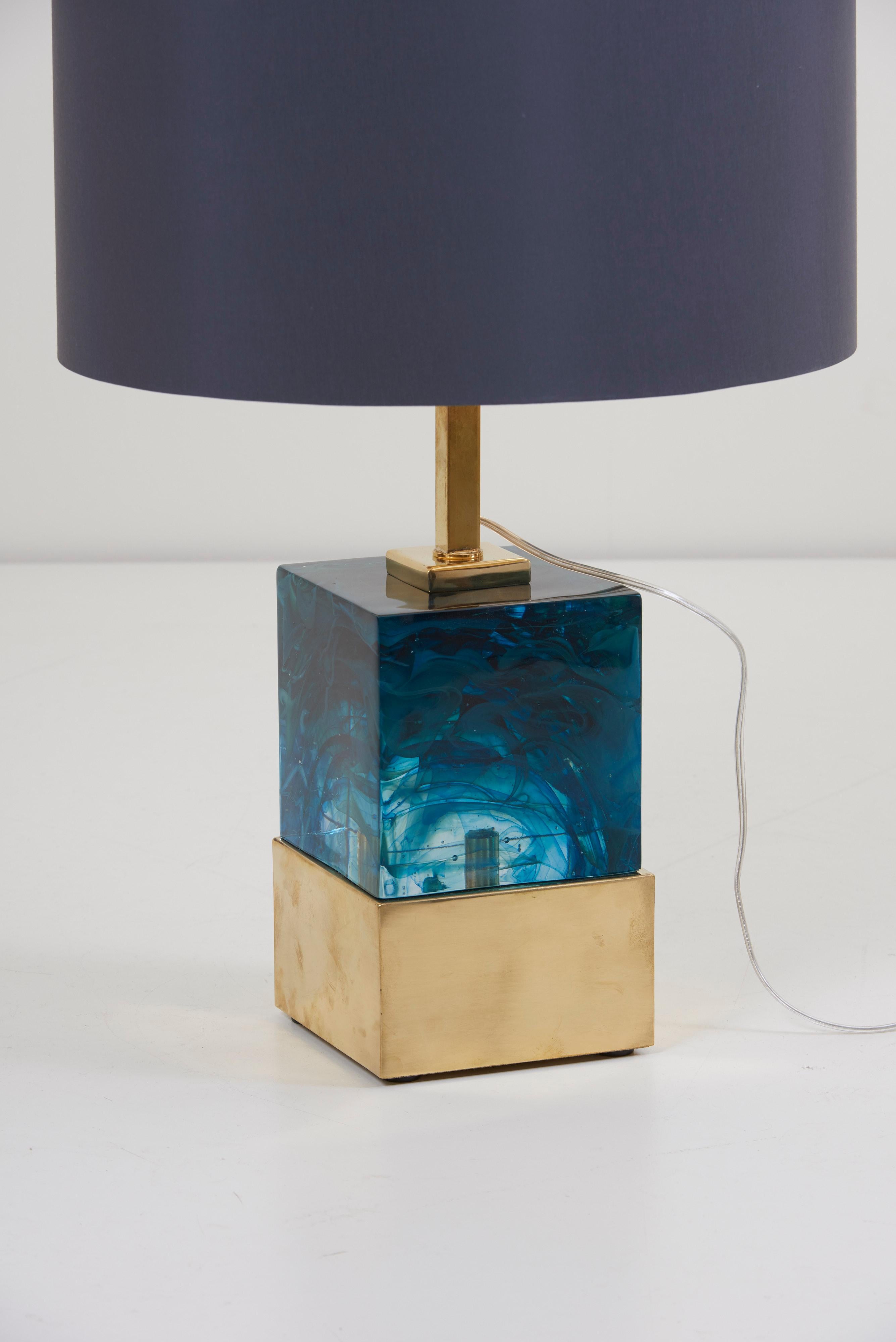 Pair of Brass and Murano Glass Cube Table Lamps For Sale 2
