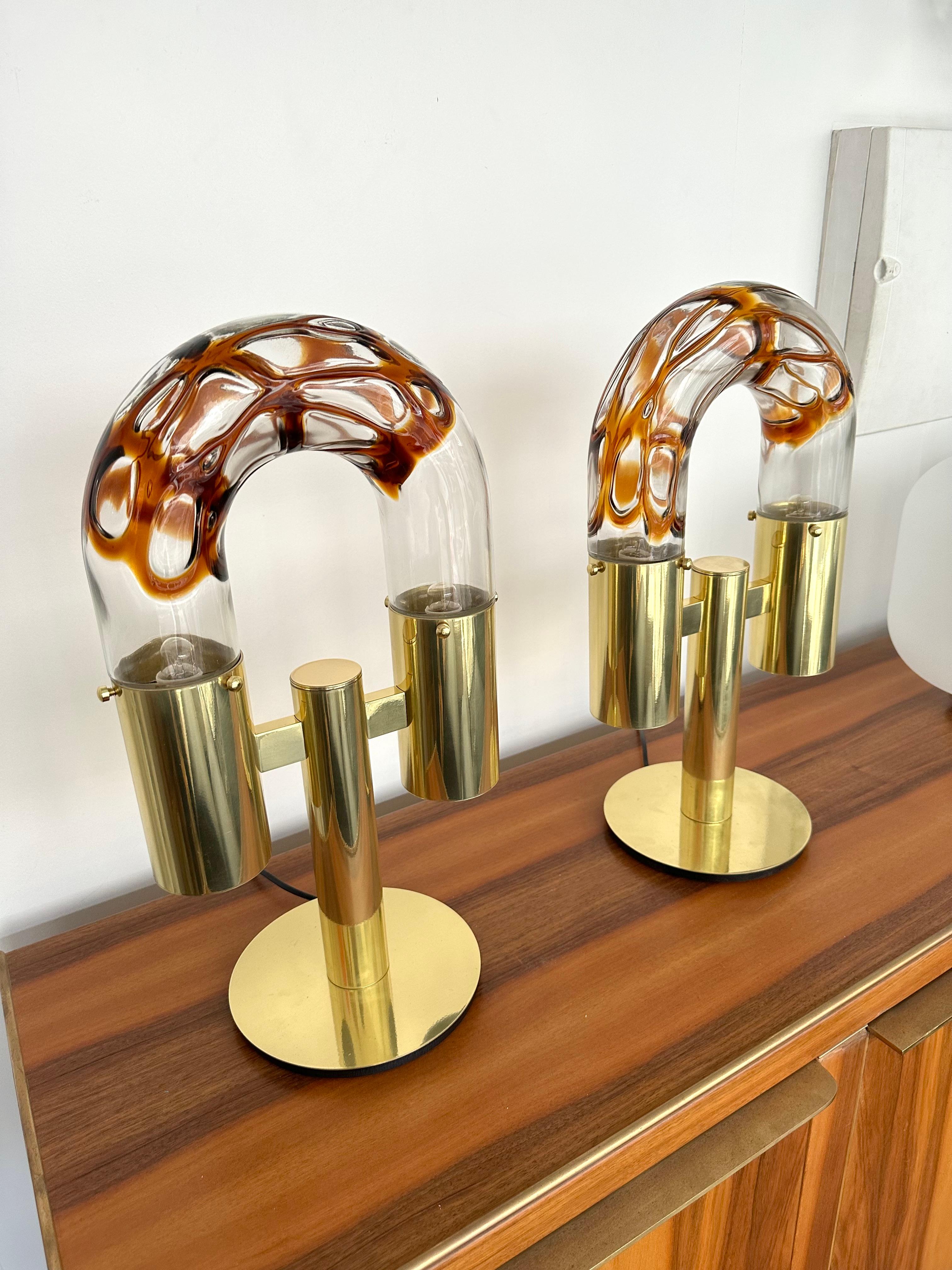 Pair of Brass and Murano Glass Lamps by Aldo Nason for Mazzega, Italy, 1970s For Sale 7