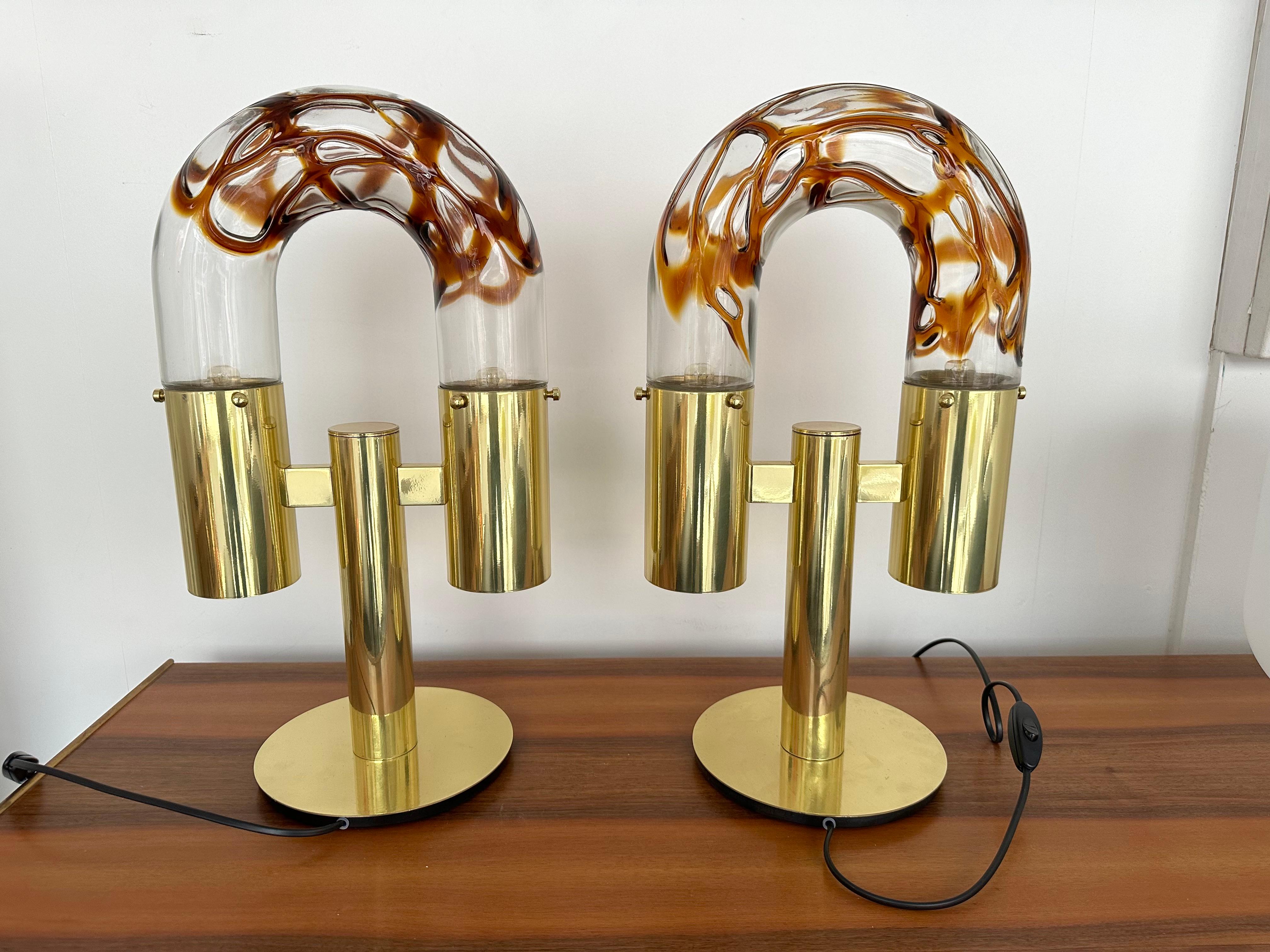 Mid-Century Modern Pair of Brass and Murano Glass Lamps by Aldo Nason for Mazzega, Italy, 1970s For Sale
