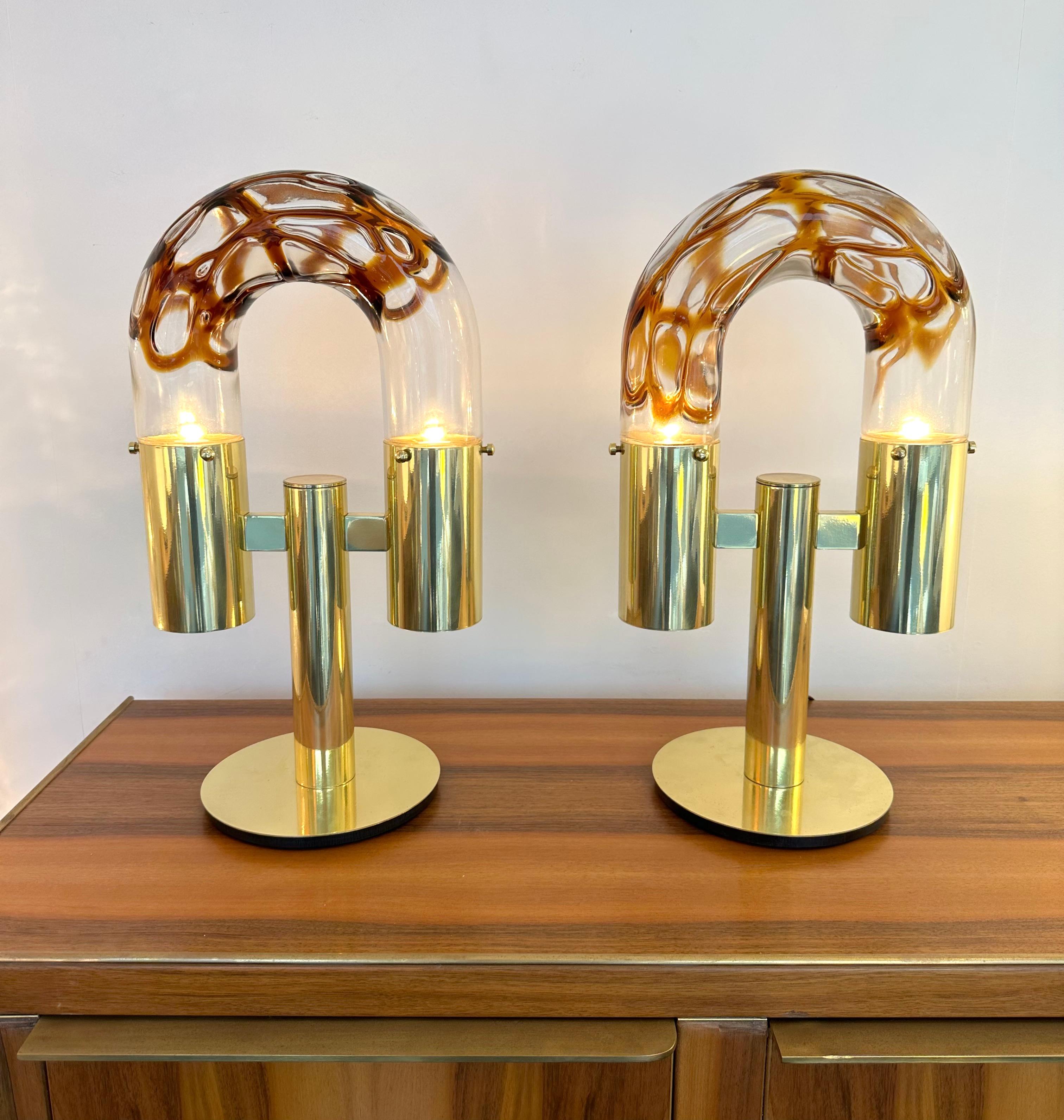 Italian Pair of Brass and Murano Glass Lamps by Aldo Nason for Mazzega, Italy, 1970s For Sale