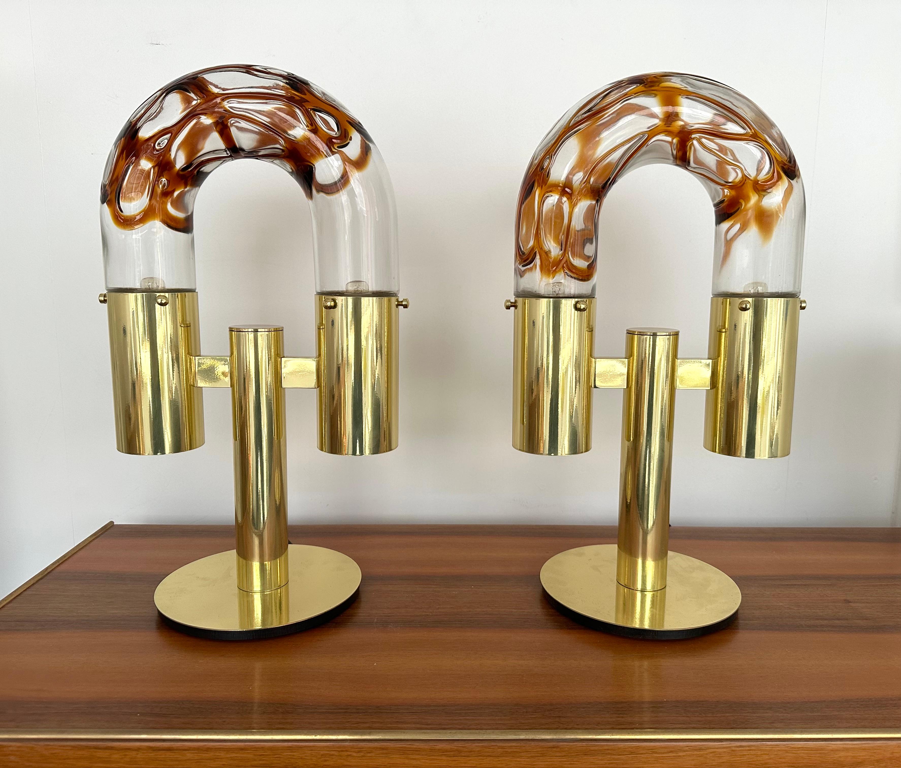 Pair of Brass and Murano Glass Lamps by Aldo Nason for Mazzega, Italy, 1970s In Good Condition For Sale In SAINT-OUEN, FR