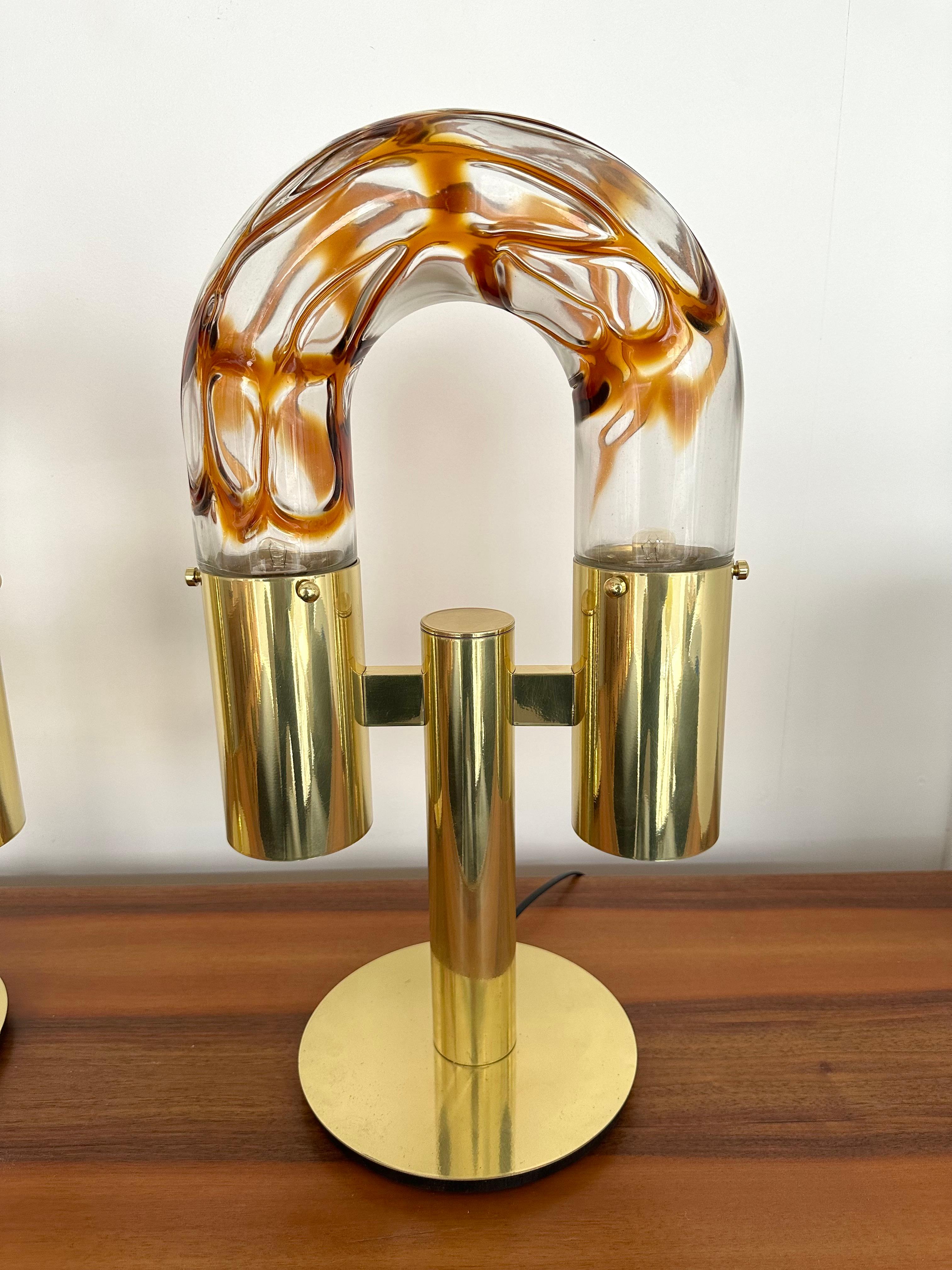 Late 20th Century Pair of Brass and Murano Glass Lamps by Aldo Nason for Mazzega, Italy, 1970s For Sale