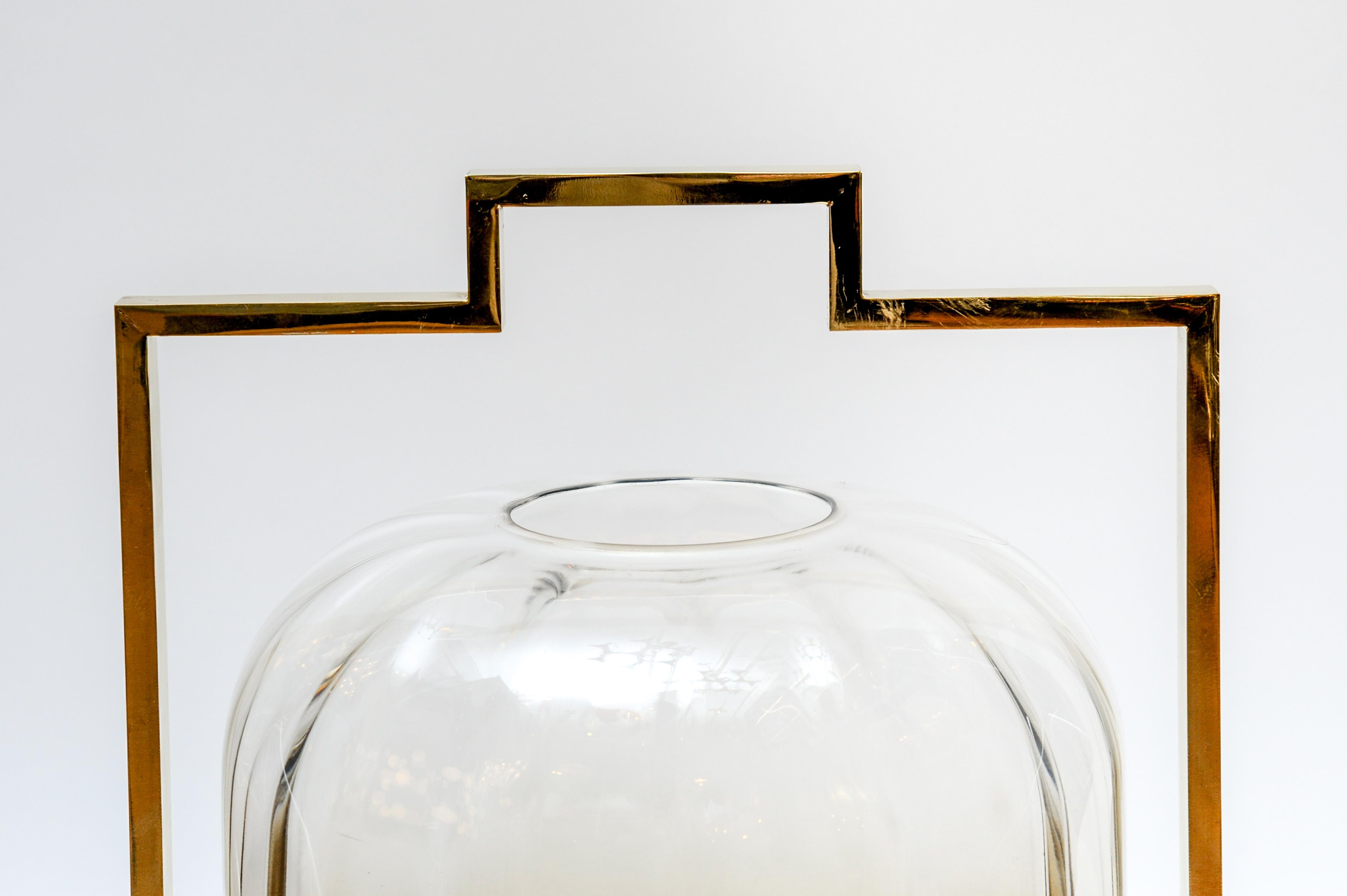 Modern Pair of Brass and Murano Glass Lantern Table Lamps For Sale