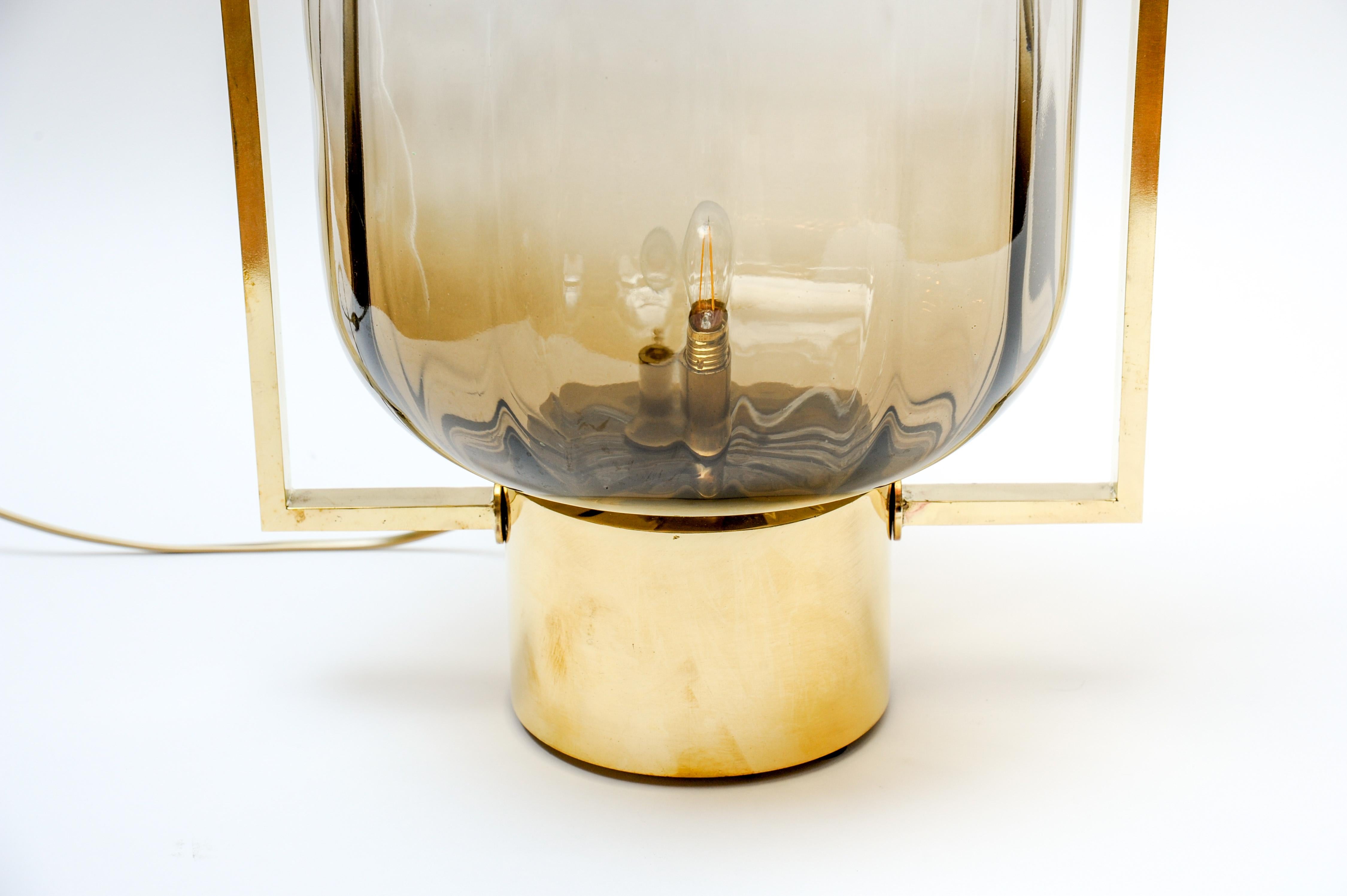 Italian Pair of Brass and Murano Glass Lantern Table Lamps For Sale