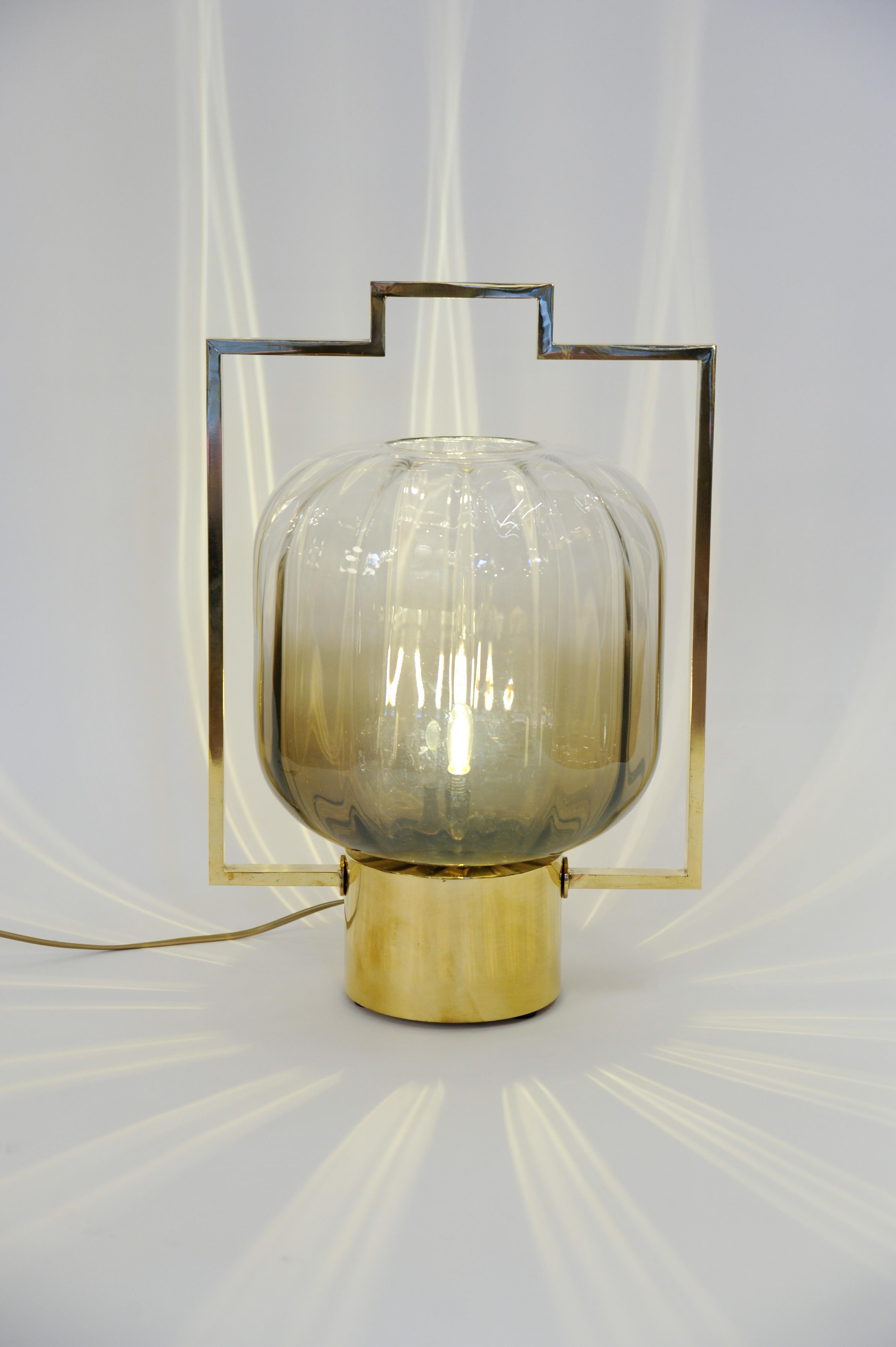 Contemporary Pair of Brass and Murano Glass Lantern Table Lamps For Sale