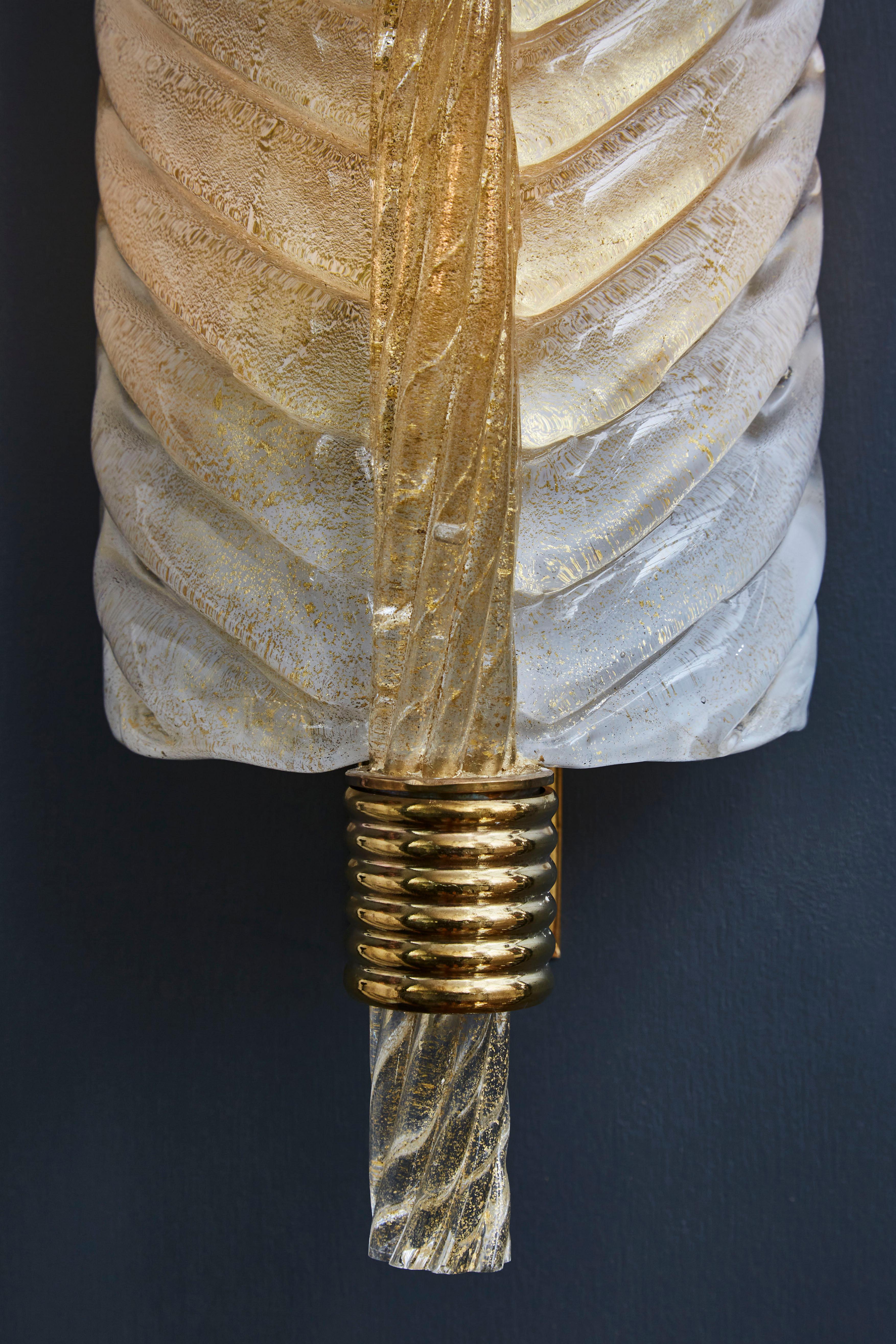 Contemporary Pair of Brass and Murano Glass Leaves Wall Sconces