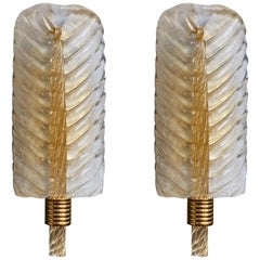 Pair of Brass and Murano Glass Leaves Wall Sconces