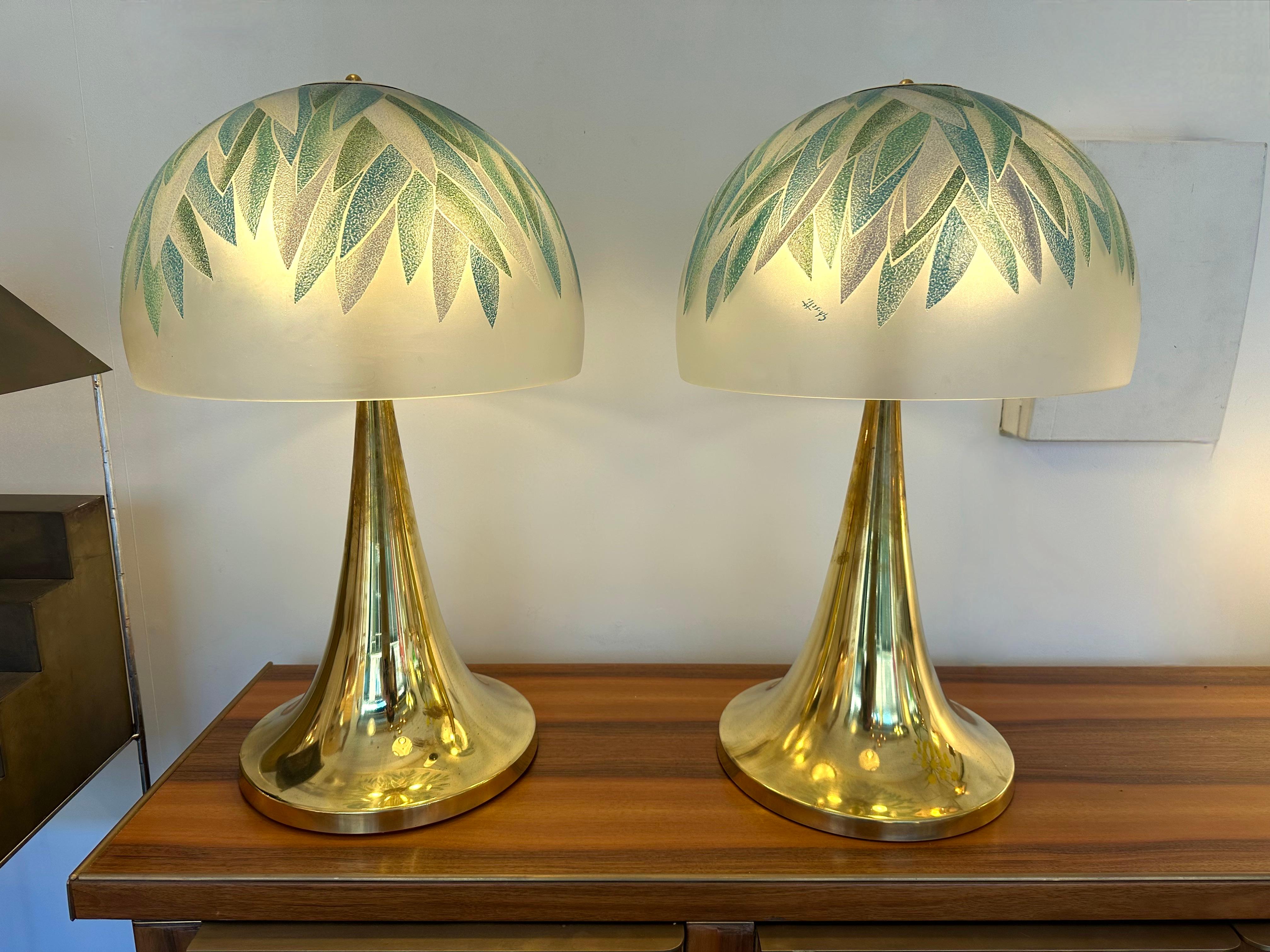Pair of Brass and Murano Glass Palm Tree Shades Lamps by Ghisetti, Italy For Sale 7
