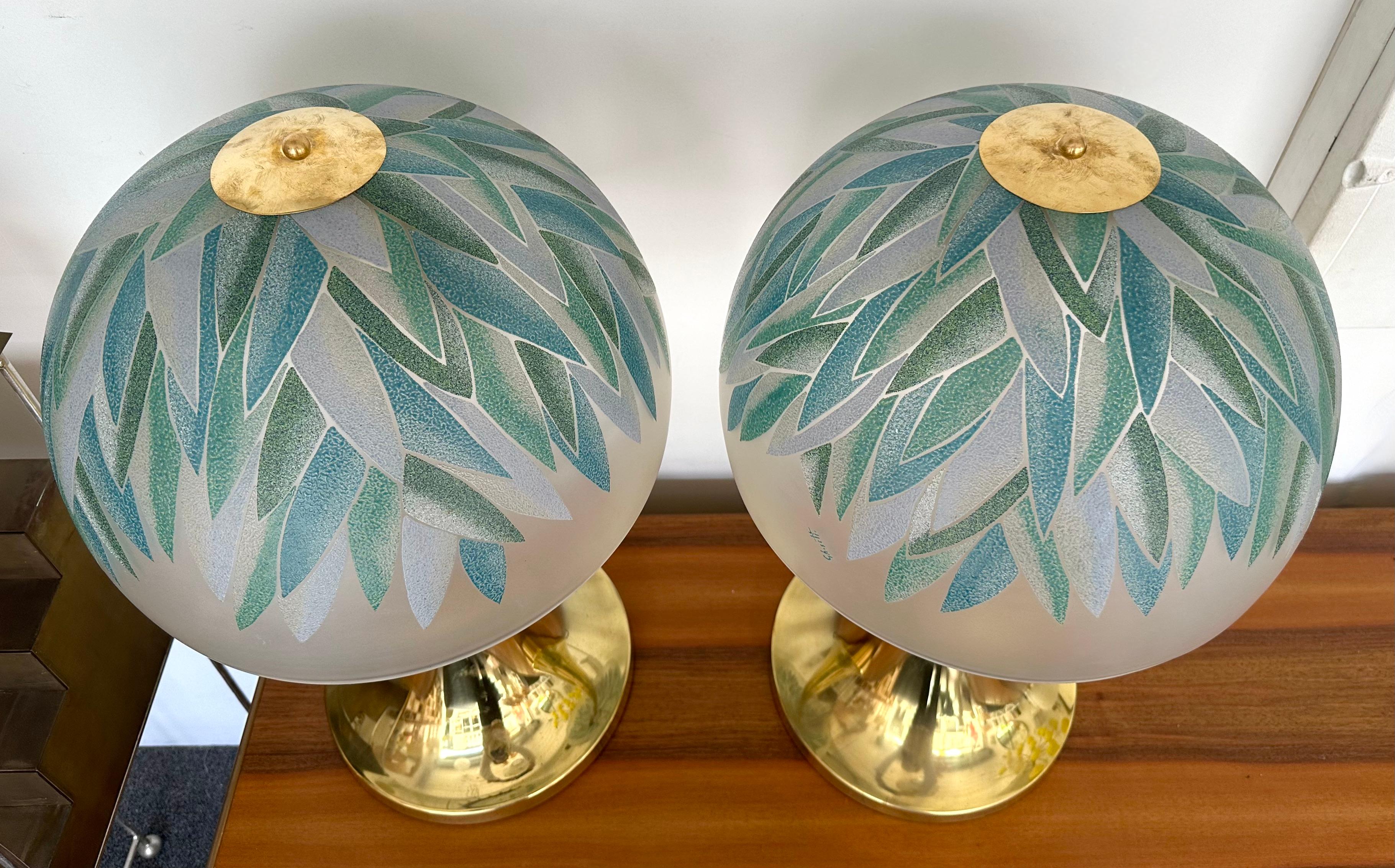 italien Paire de lampes à abat-jour palmier en laiton et verre de Murano par Ghisetti, Italie en vente
