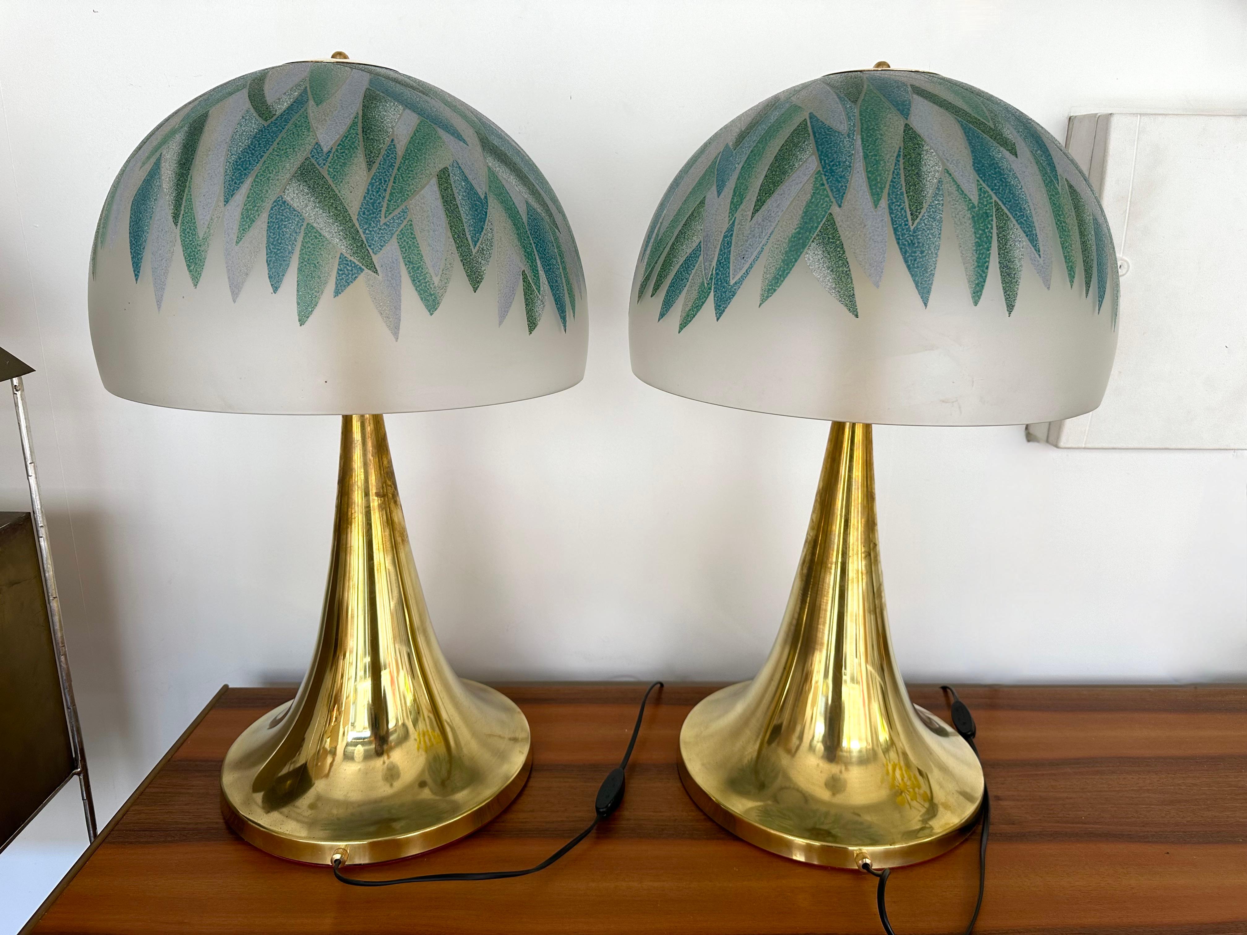 Pair of Brass and Murano Glass Palm Tree Shades Lamps by Ghisetti, Italy For Sale 2