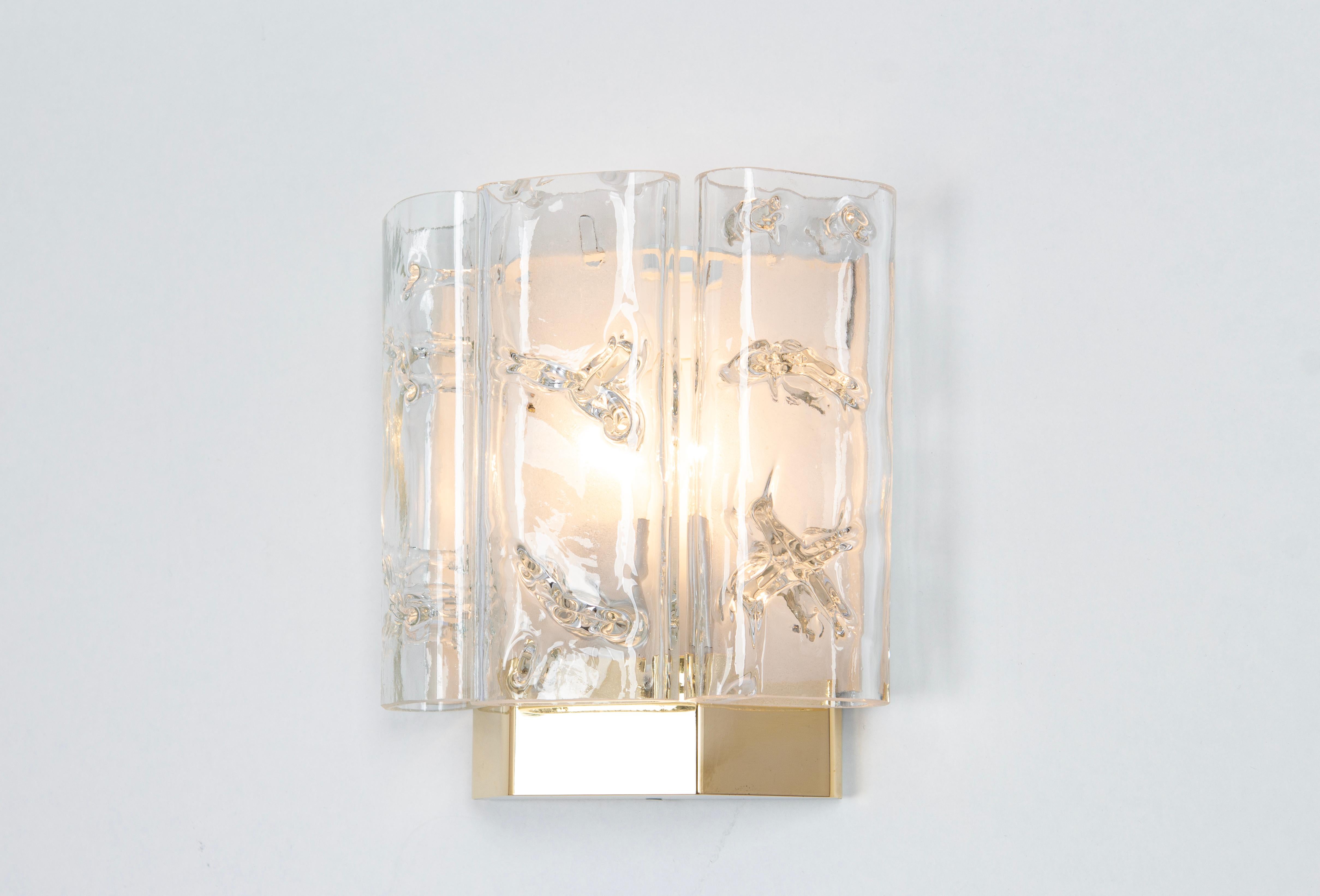 Mid-Century Modern 1 of 4 Brass and Murano Glass Wall Sconces by Doria, Germany, 1960s For Sale