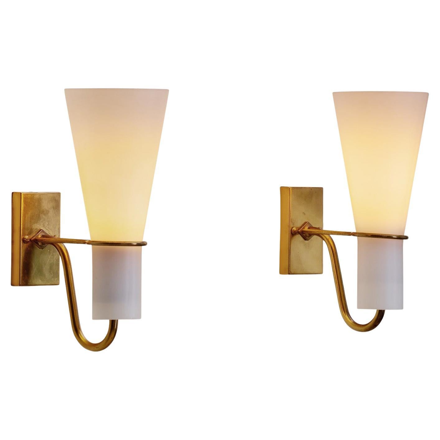 Pair of Brass and Opal Glass Wall Lamps by Hans Bergström for ASEA, Sweden 1950s