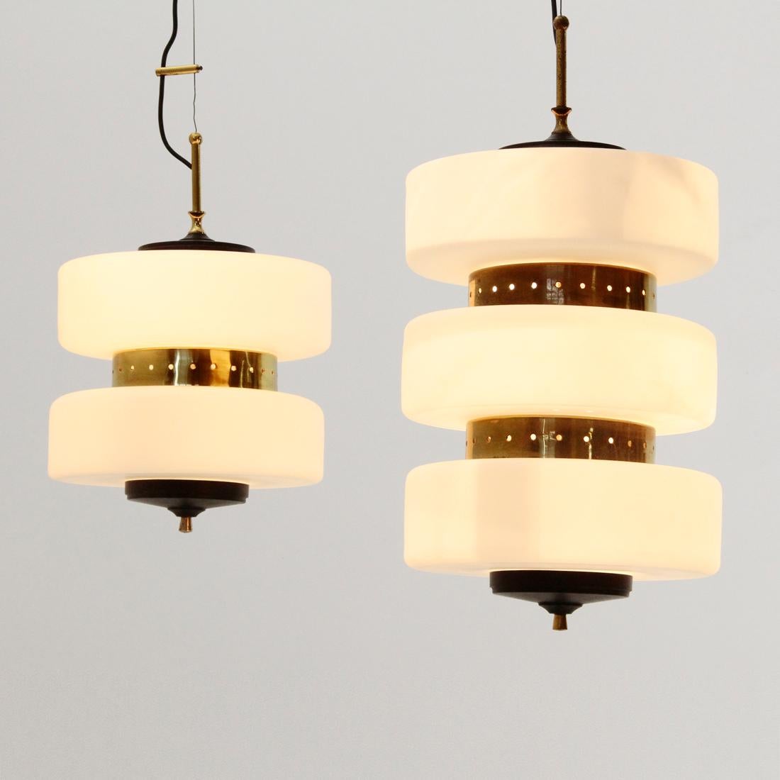 Mid-Century Modern Pair of Brass and Opaline Glass Chandeliers, 1950s