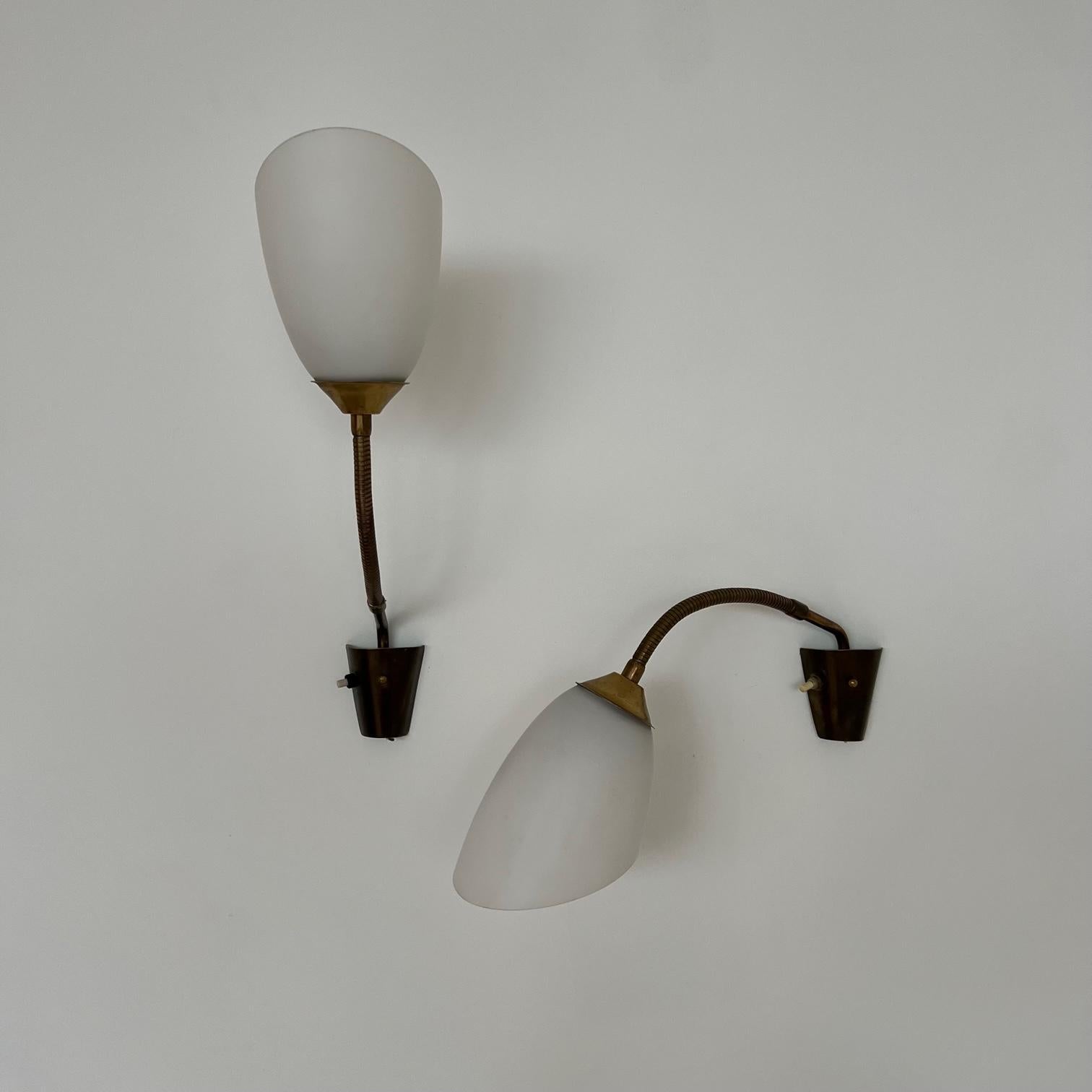 Pair of Brass and Opaline Glass Mid-Century Swedish Wall Lights 11