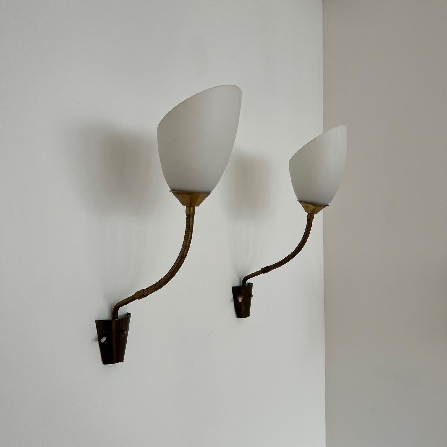 Pair of Brass and Opaline Glass Mid-Century Swedish Wall Lights In Good Condition In London, GB