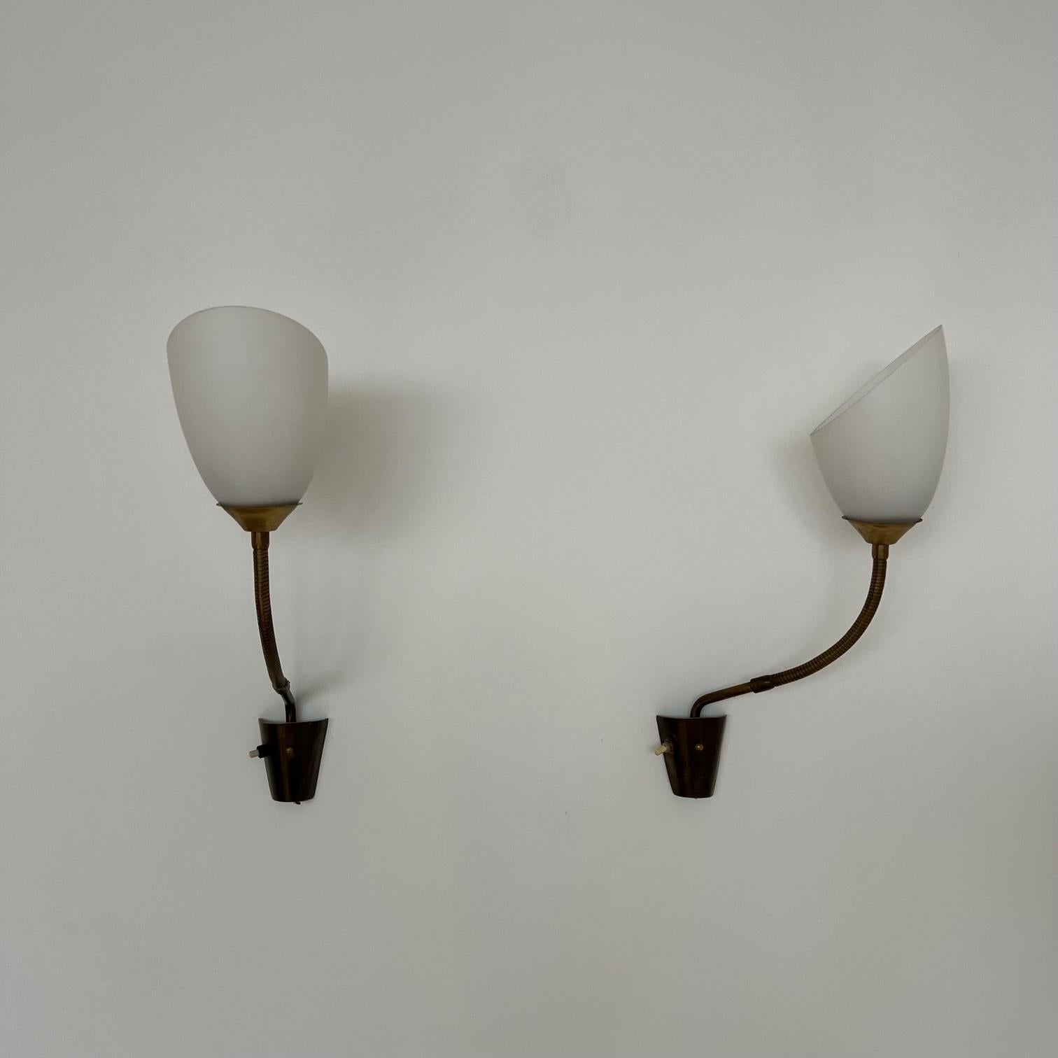 Pair of Brass and Opaline Glass Mid-Century Swedish Wall Lights 5