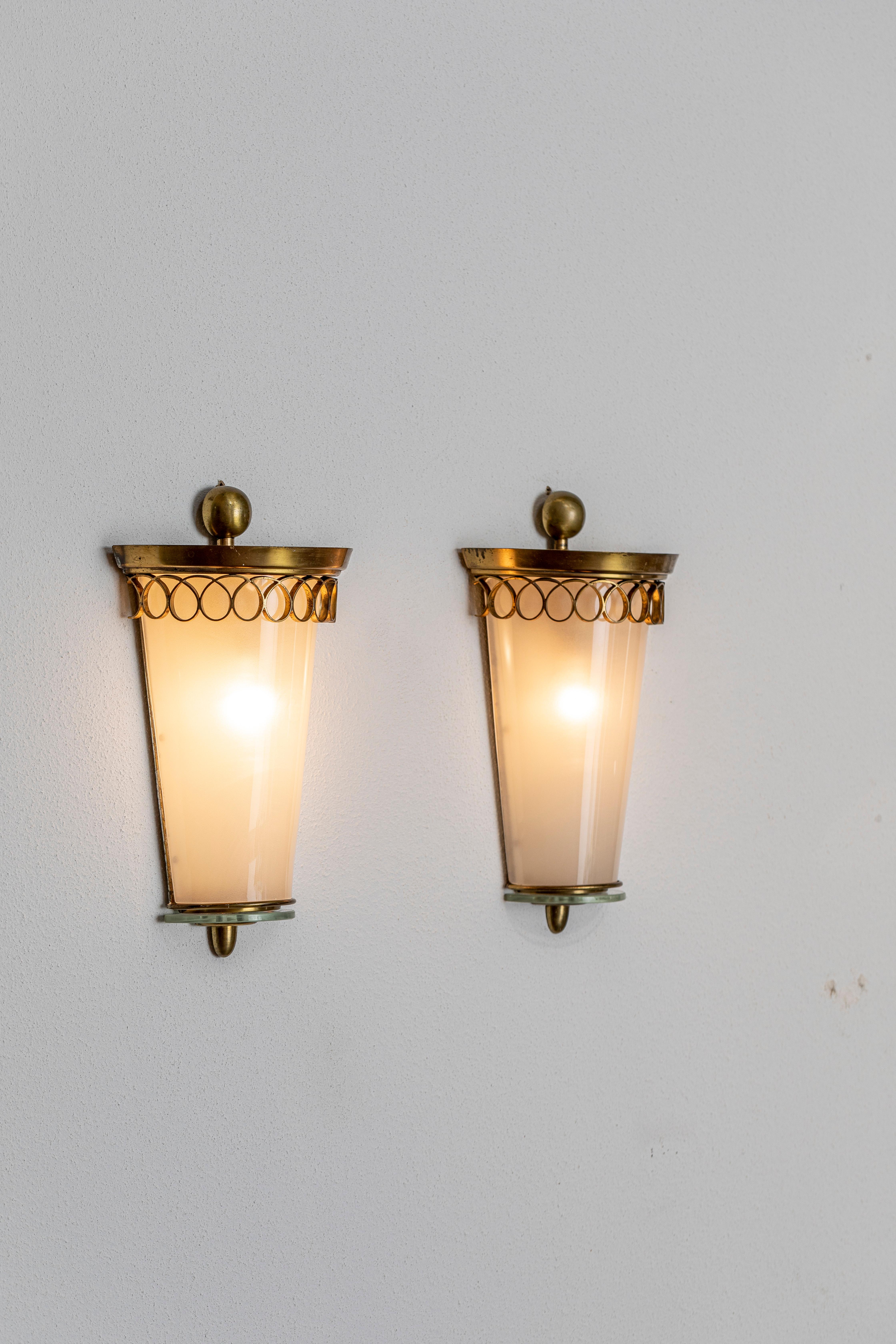 Italian Pair of Brass and Opaline Glass Sconces Attributed to Paolo Buffa, Italy, 1950