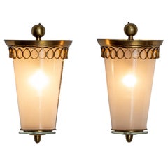 Pair of Brass and Opaline Glass Sconces Attributed to Paolo Buffa, Italy, 1950