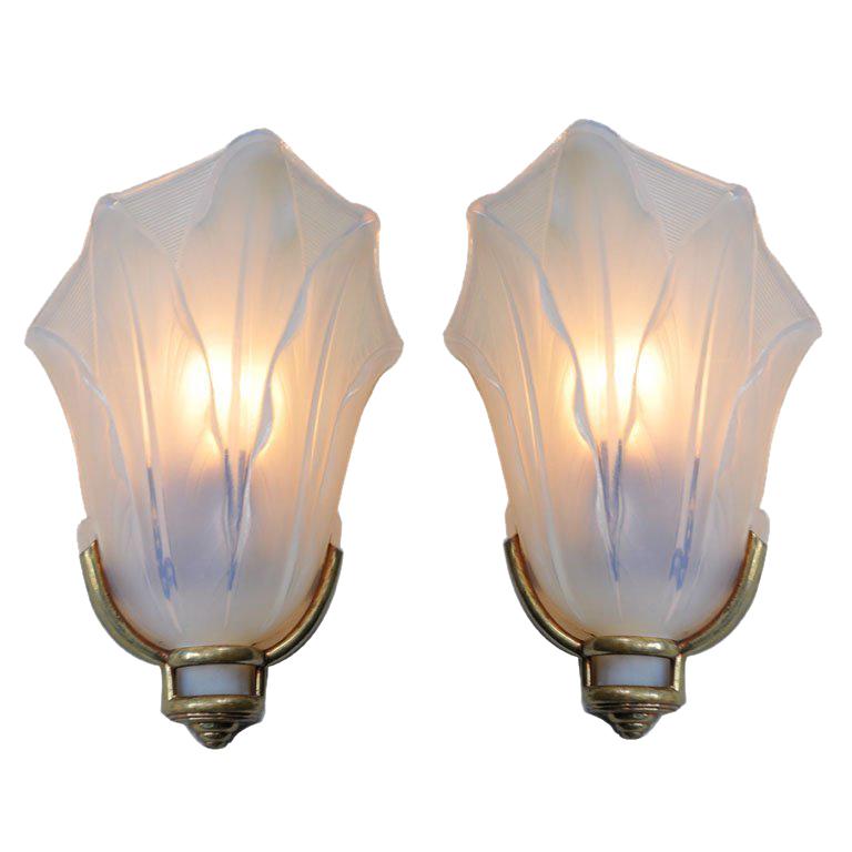 Pair of Brass and Opaline Glass Sconces