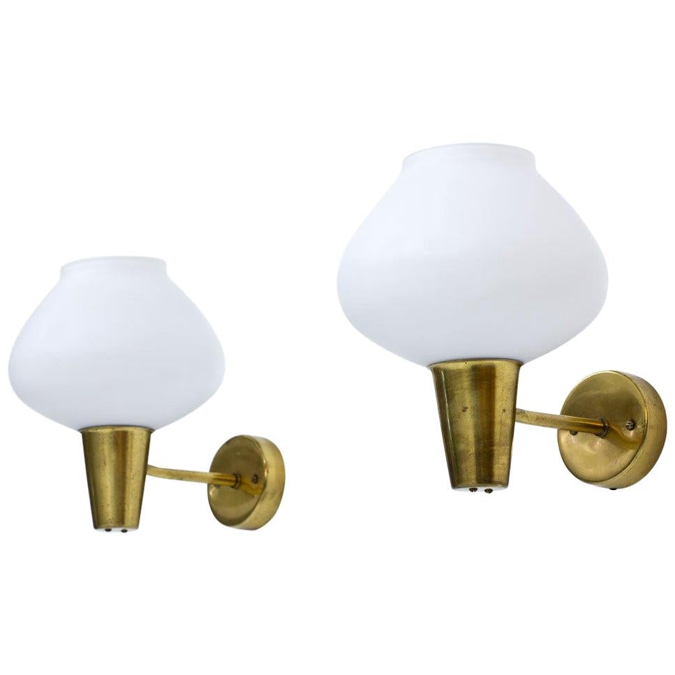 Pair of Brass and Opaline Glass Wall Lamps by ASEA, Sweden