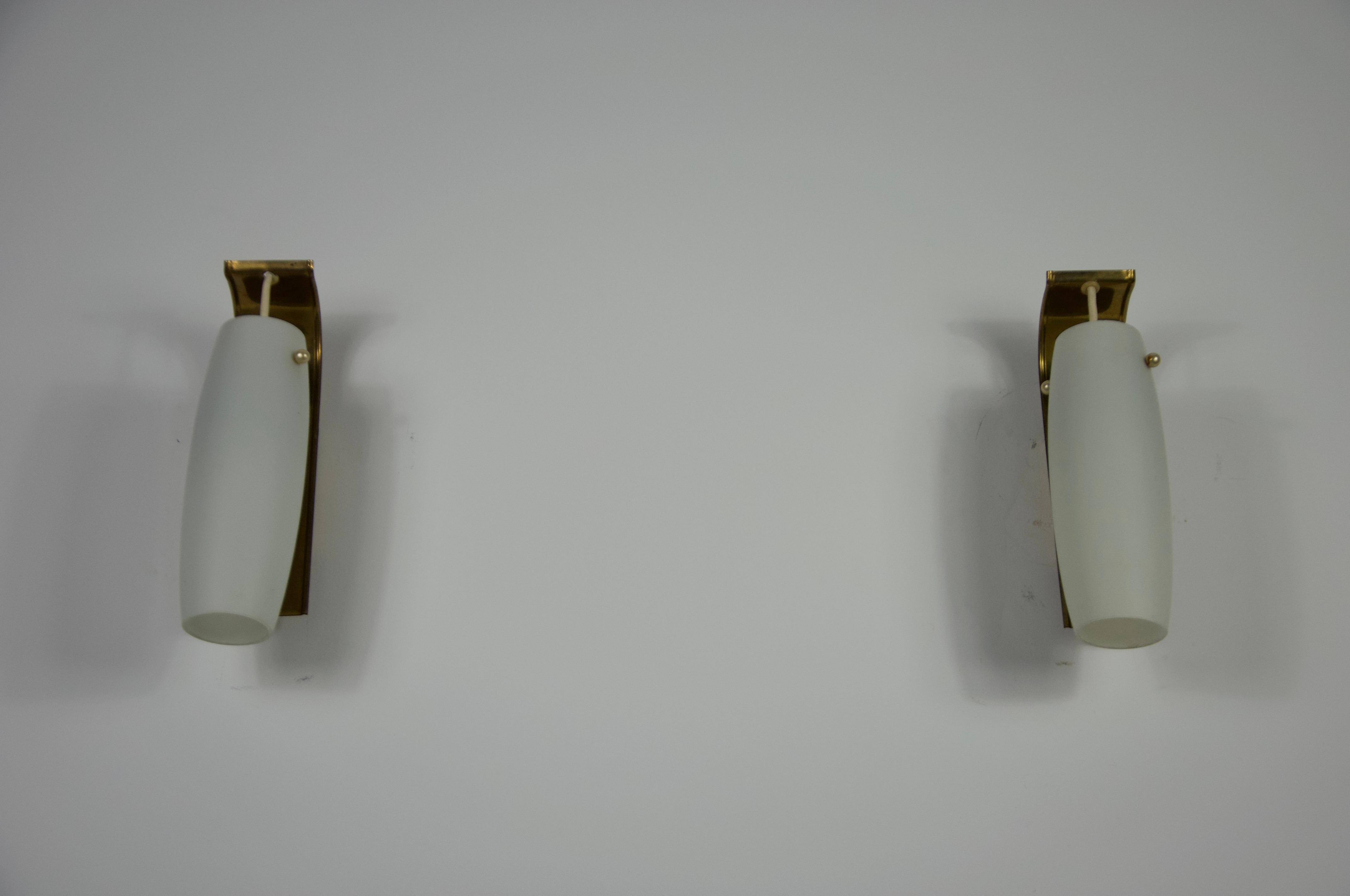 Pair of Brass and Opaline Glass Wall Lamps by Glashütte Limburg, 1960s For Sale 4