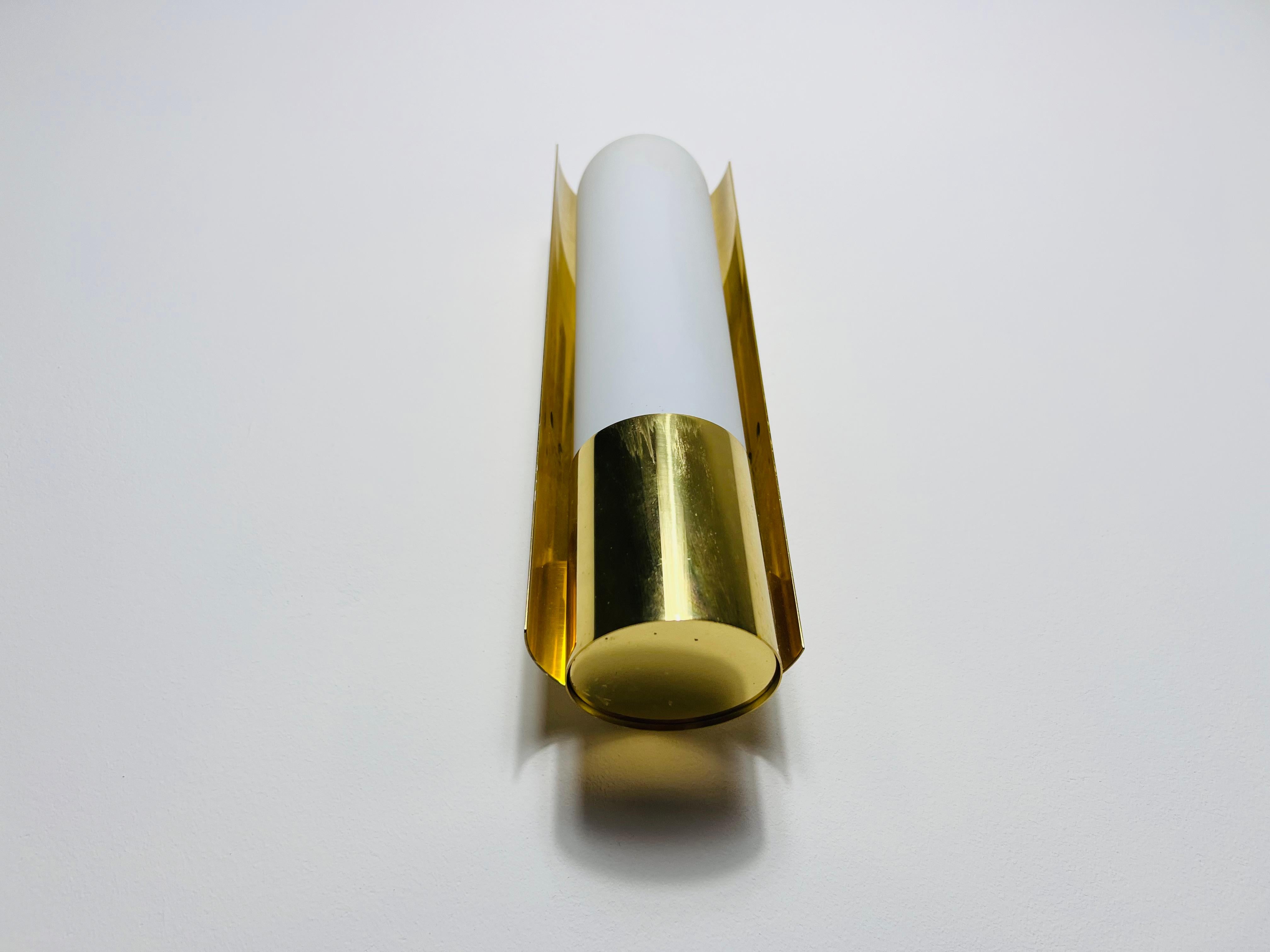 Pair of Brass and Opaline Glass Wall Lamps by Glashütte Limburg, 1960s For Sale 5