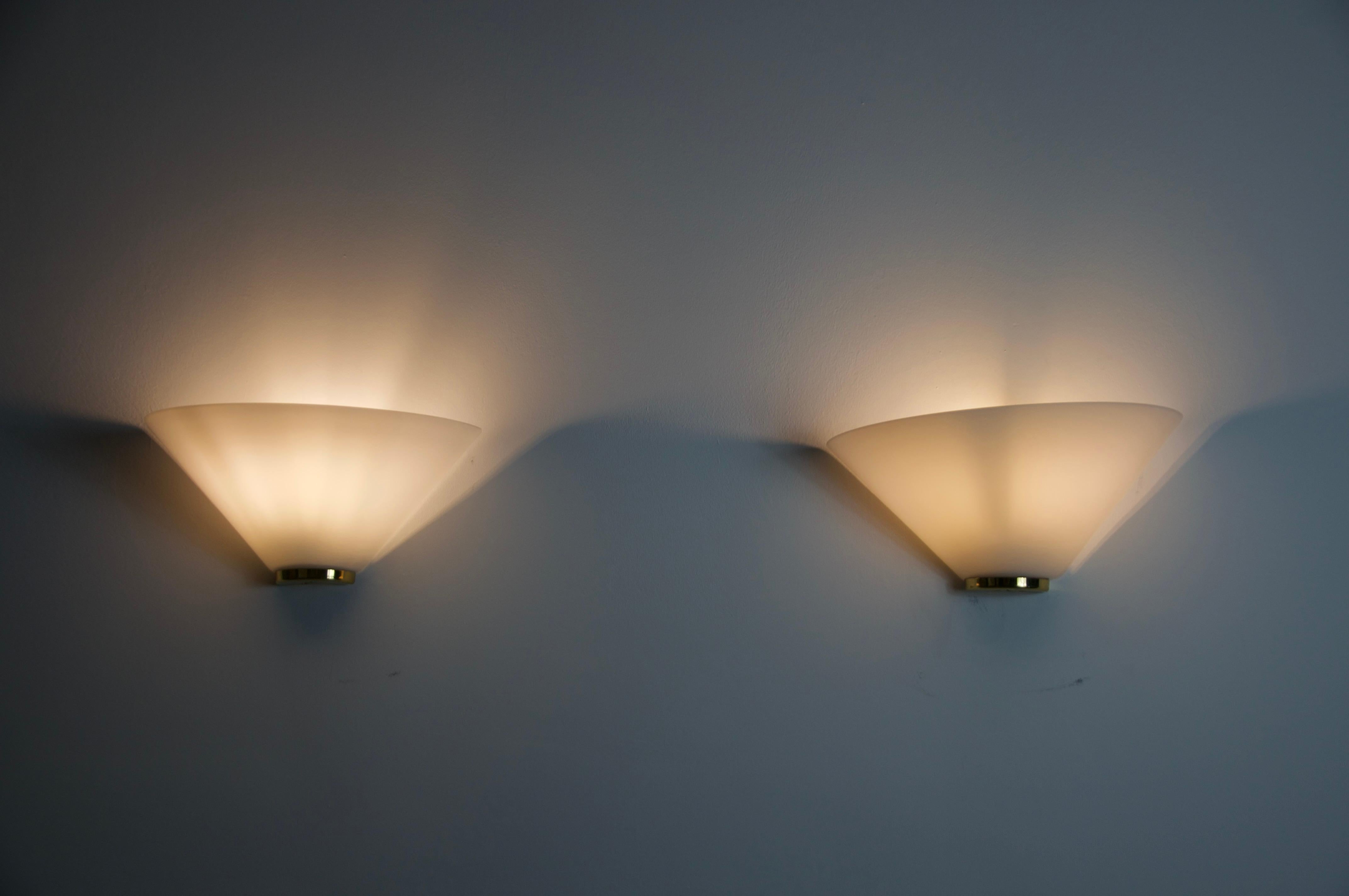 Pair of Brass and Opaline Glass Wall Lamps by Glashütte Limburg, 1960s For Sale 5