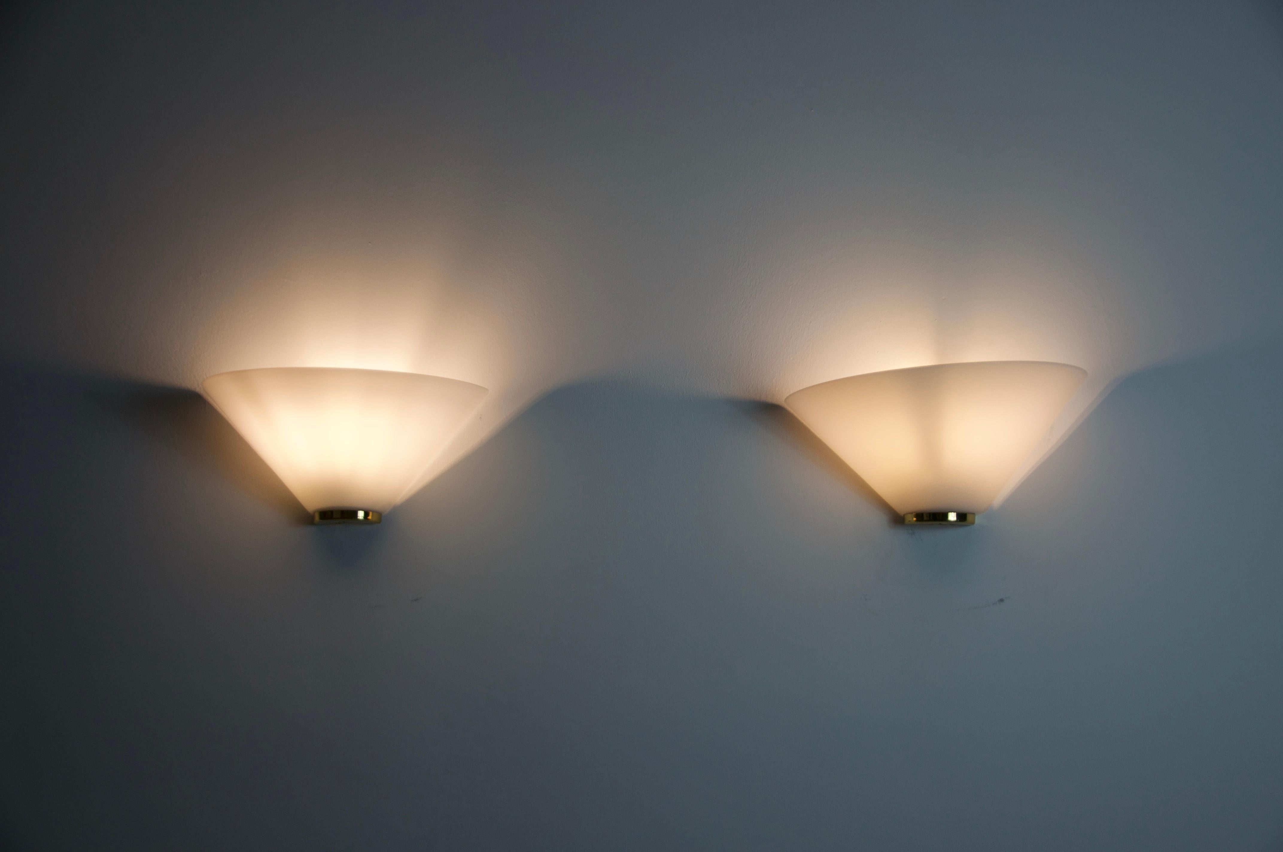 Pair of Brass and Opaline Glass Wall Lamps by Glashütte Limburg, 1960s For Sale 6