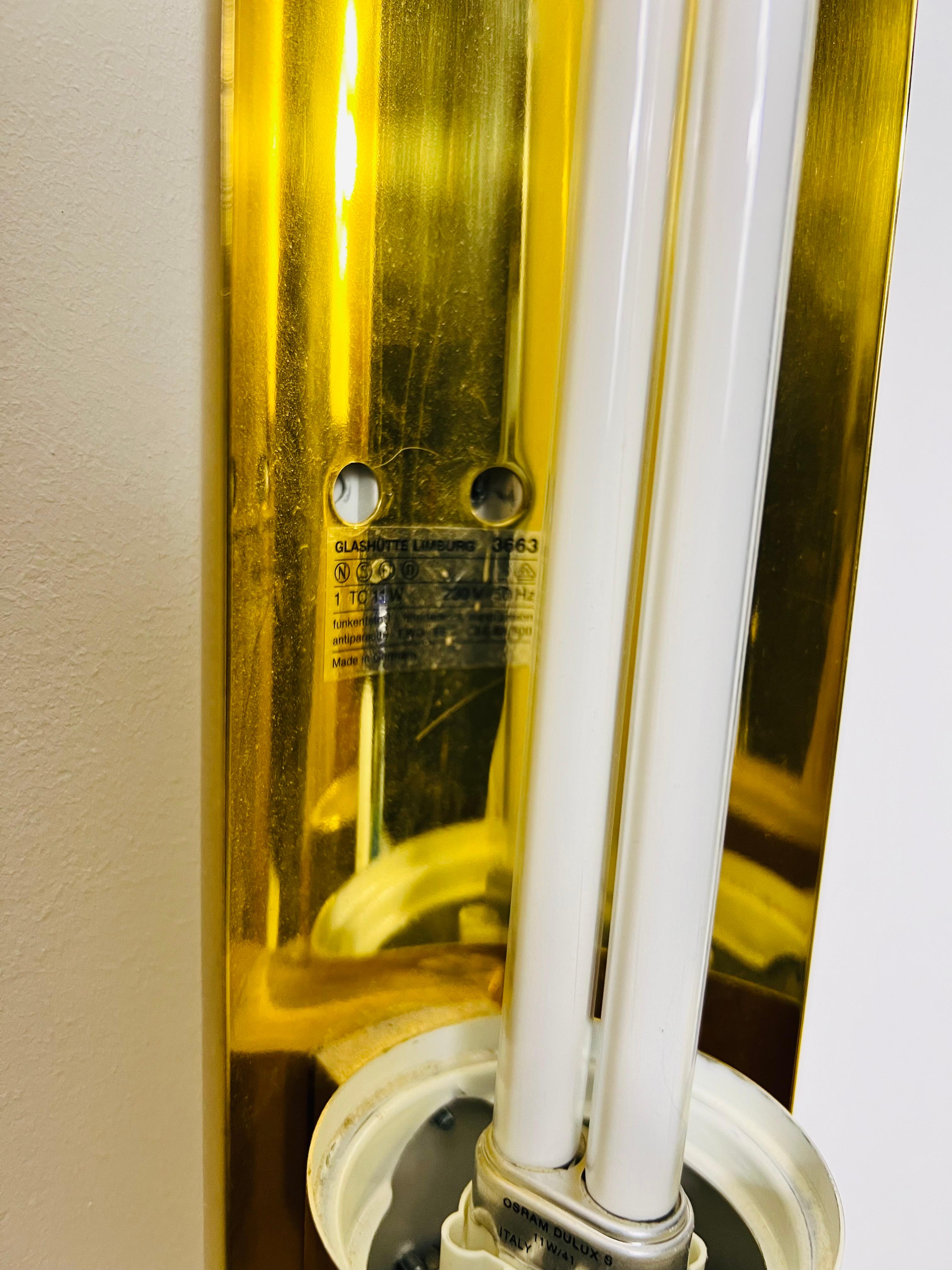 Pair of Brass and Opaline Glass Wall Lamps by Glashütte Limburg, 1960s For Sale 7