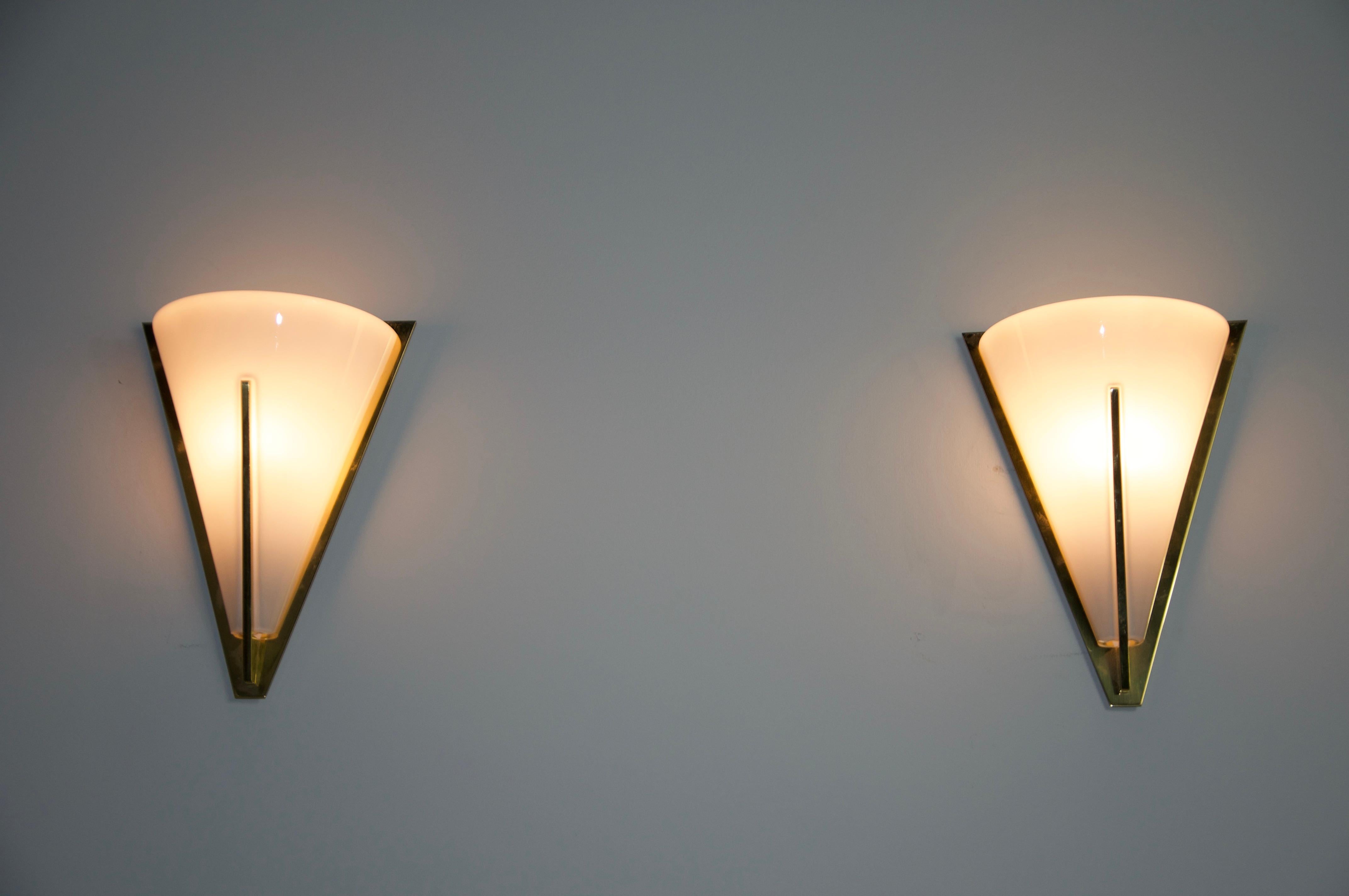 Mid-Century Modern Pair of Brass and Opaline Glass Wall Lamps by Glashütte Limburg, 1960s For Sale