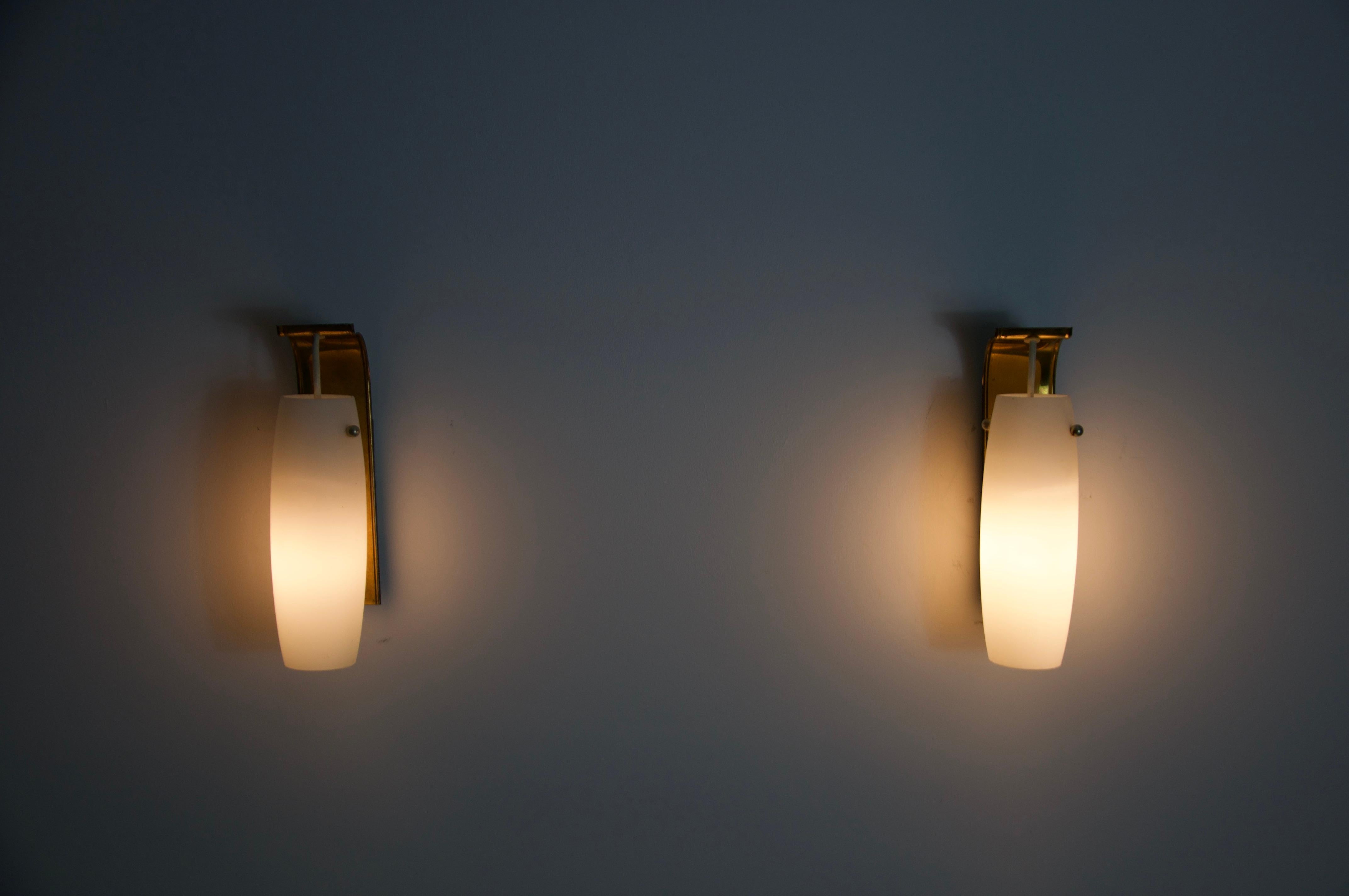 Mid-Century Modern Pair of Brass and Opaline Glass Wall Lamps by Glashütte Limburg, 1960s For Sale