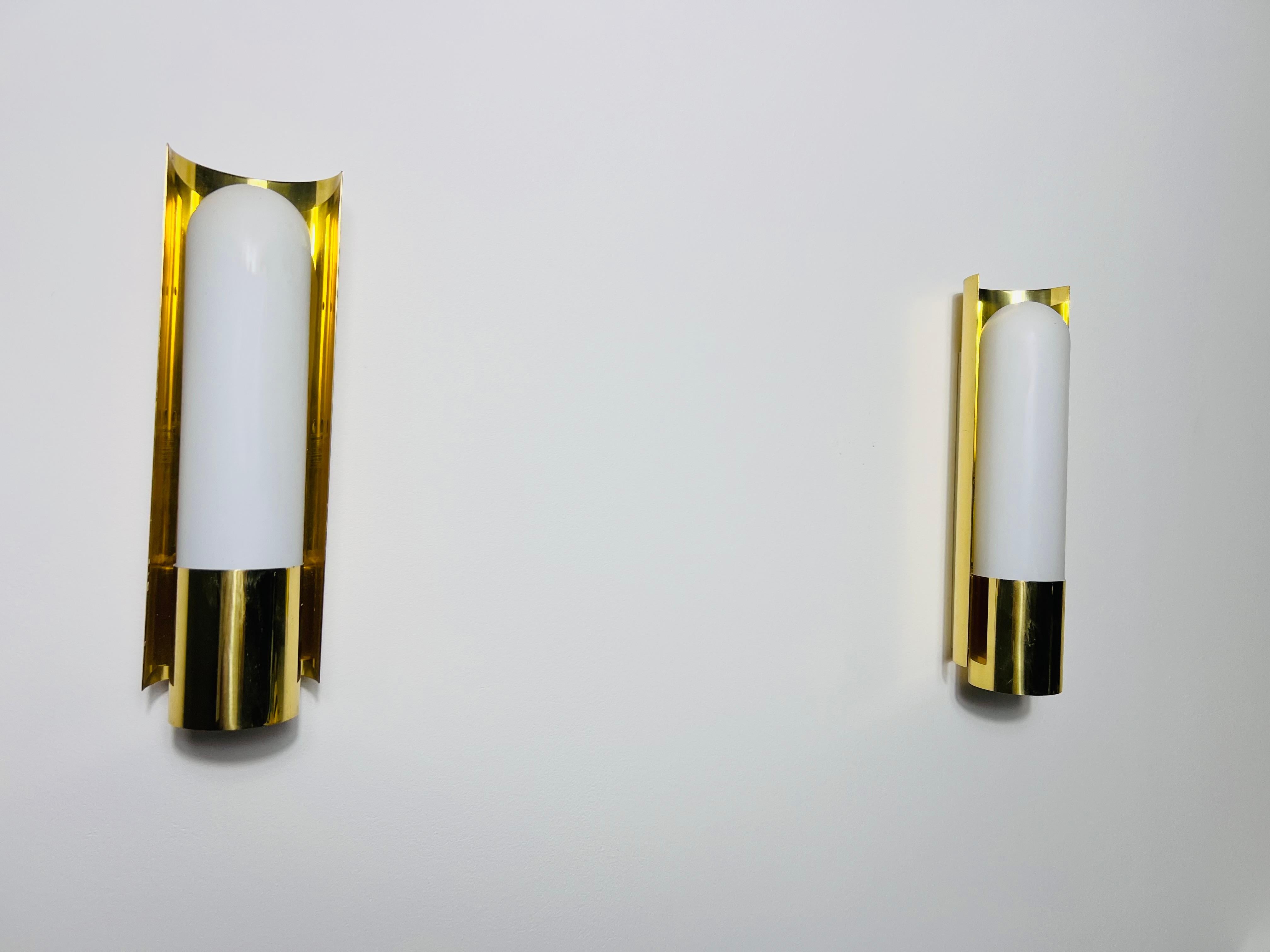 German Pair of Brass and Opaline Glass Wall Lamps by Glashütte Limburg, 1960s For Sale
