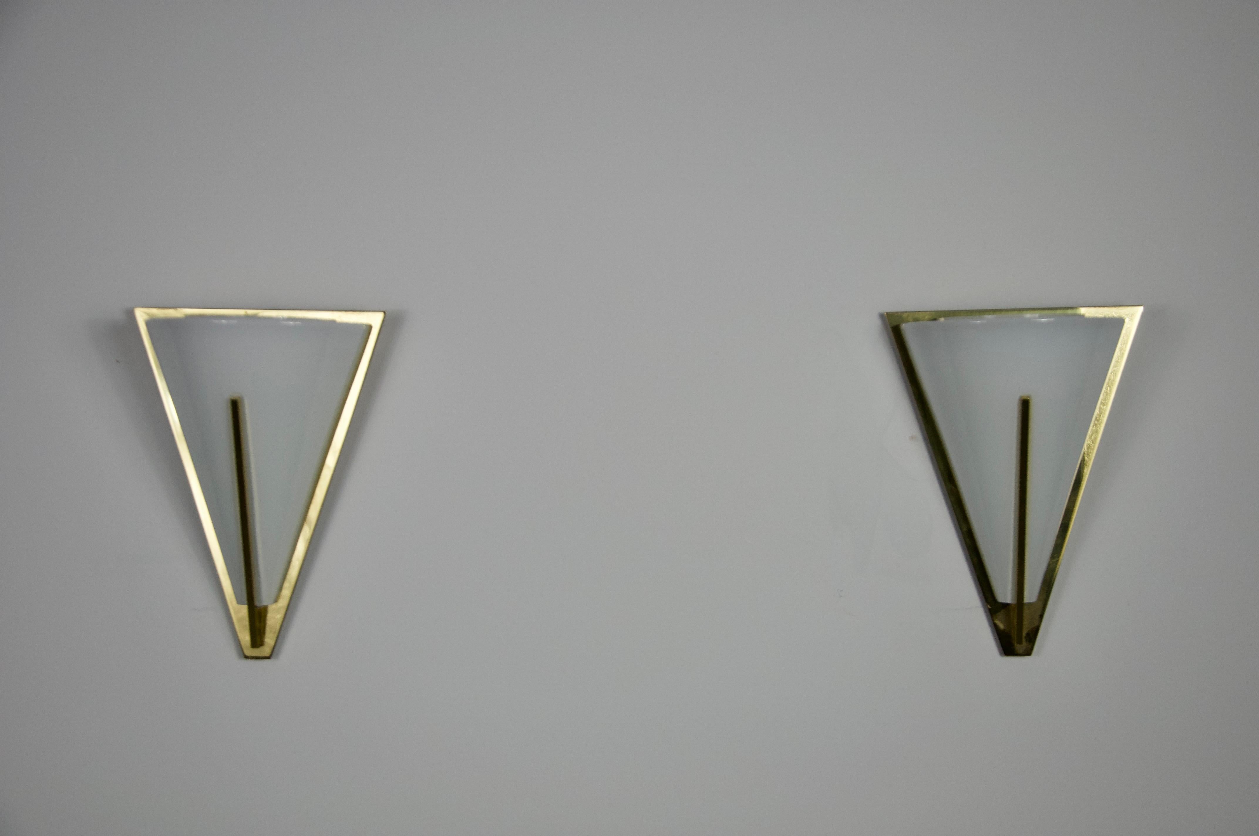 German Pair of Brass and Opaline Glass Wall Lamps by Glashütte Limburg, 1960s For Sale