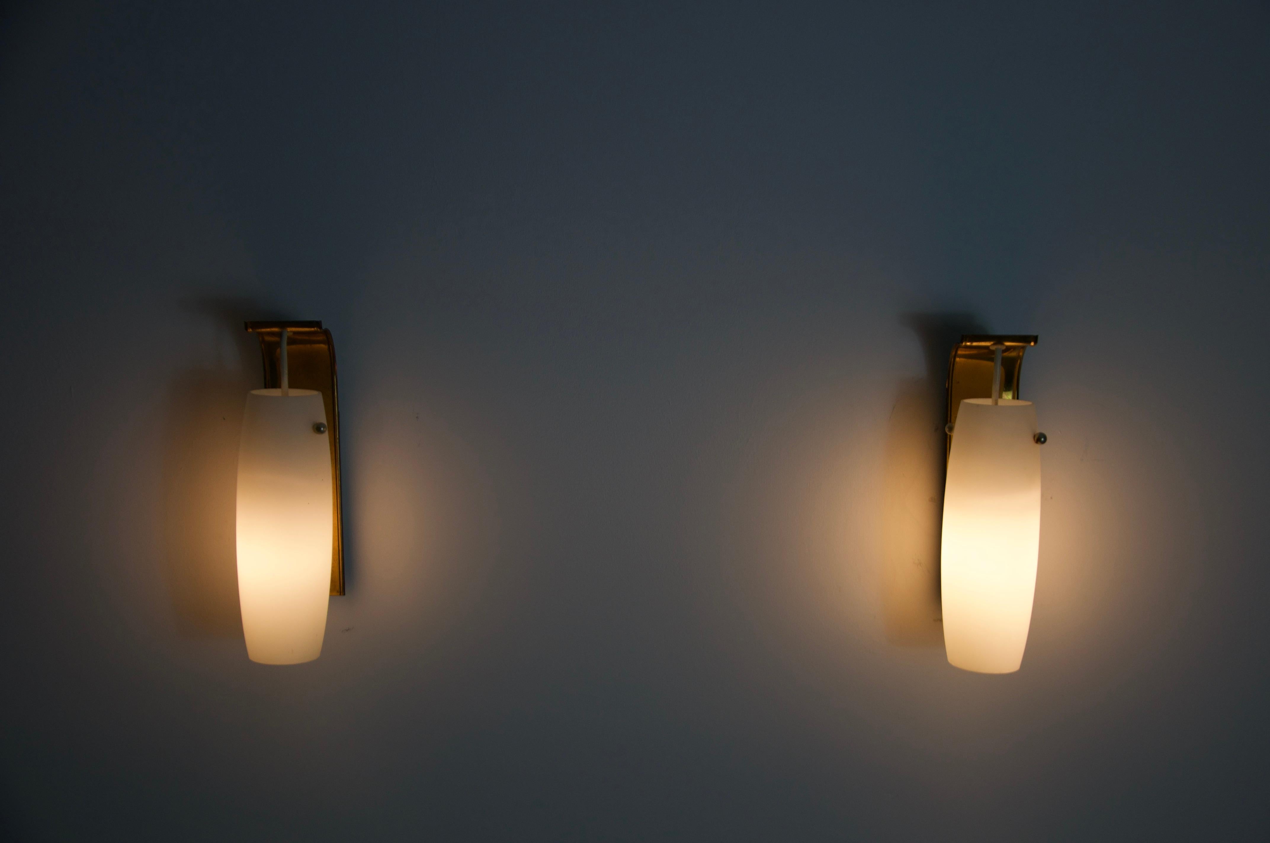 German Pair of Brass and Opaline Glass Wall Lamps by Glashütte Limburg, 1960s For Sale