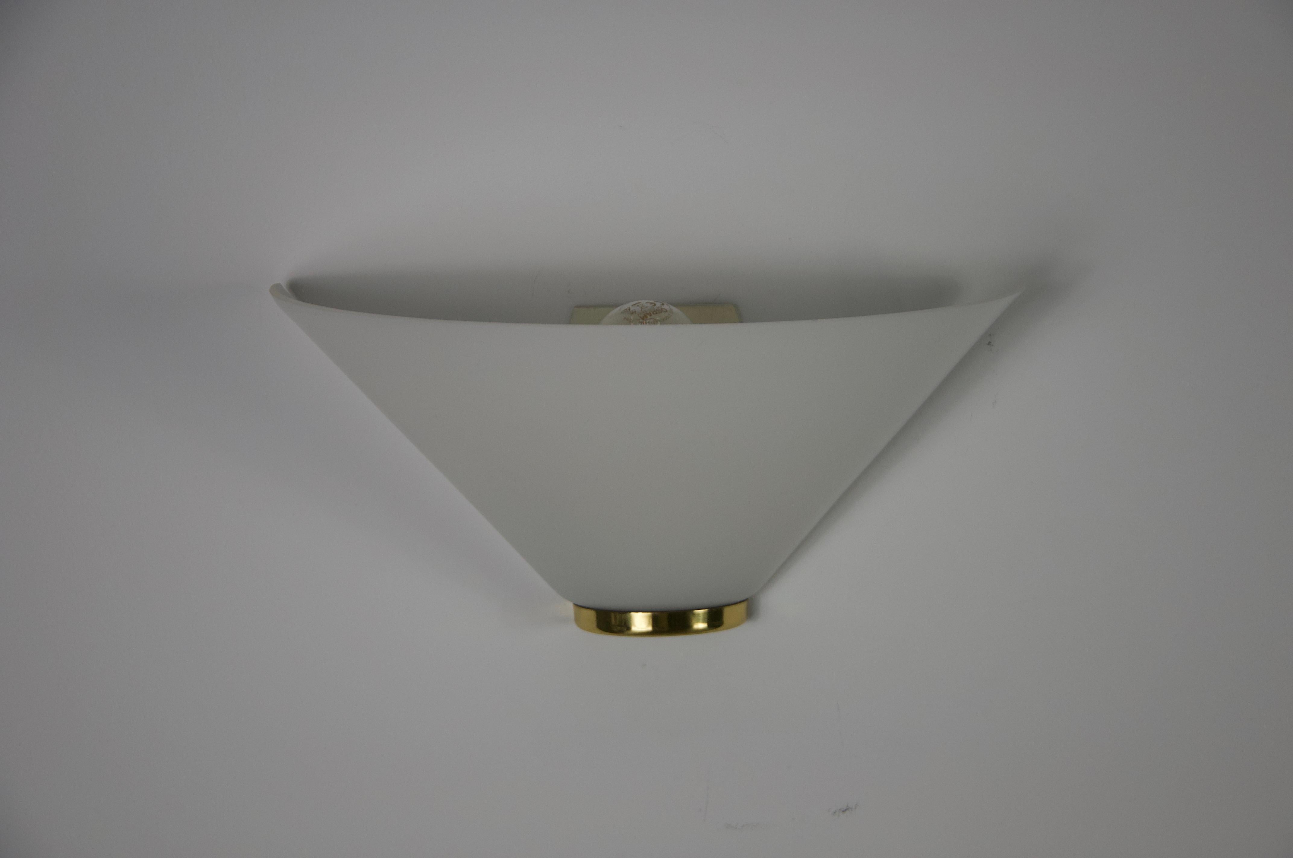 German Pair of Brass and Opaline Glass Wall Lamps by Glashütte Limburg, 1960s For Sale