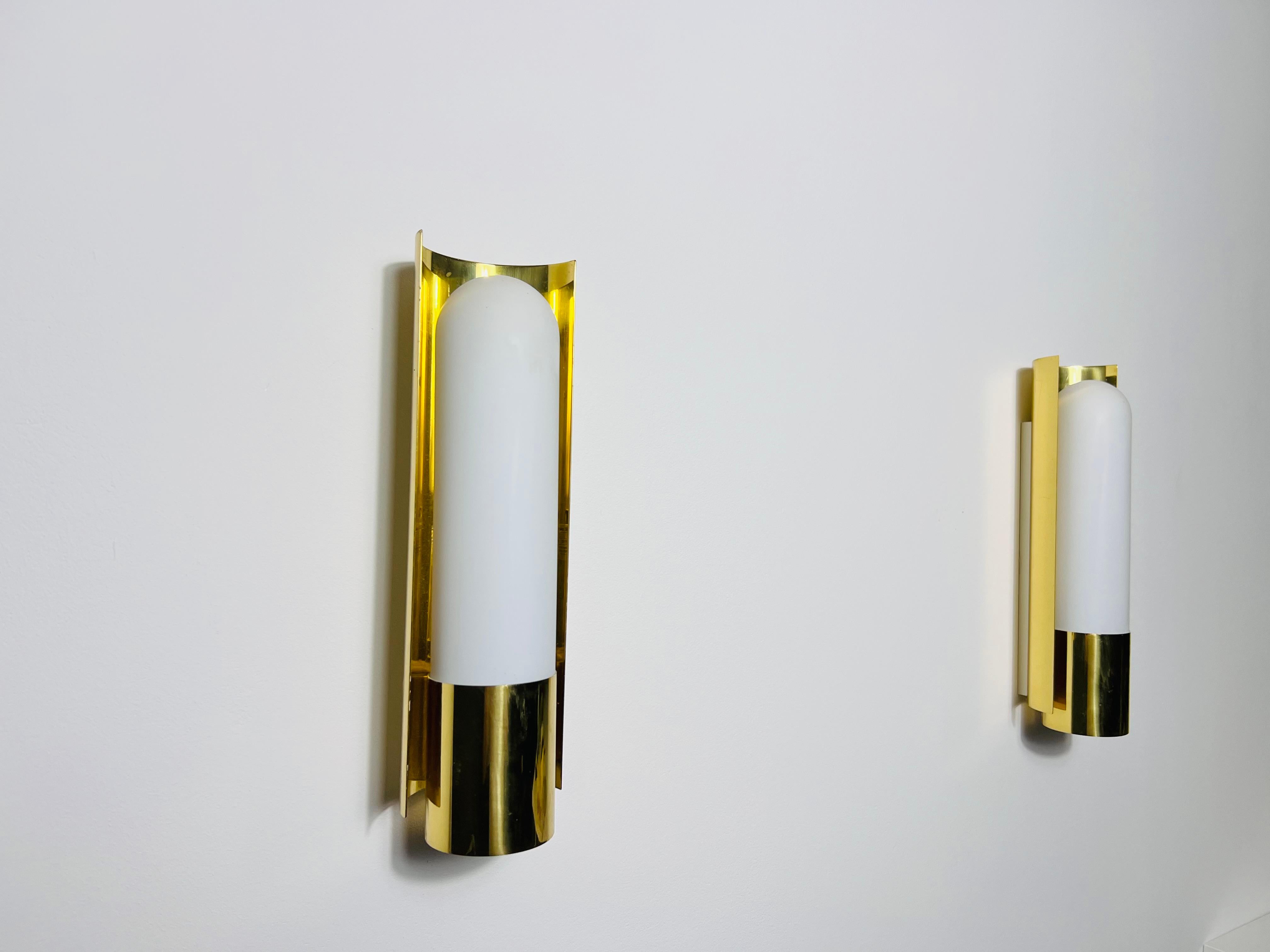 Pair of Brass and Opaline Glass Wall Lamps by Glashütte Limburg, 1960s In Good Condition For Sale In Hagenbach, DE
