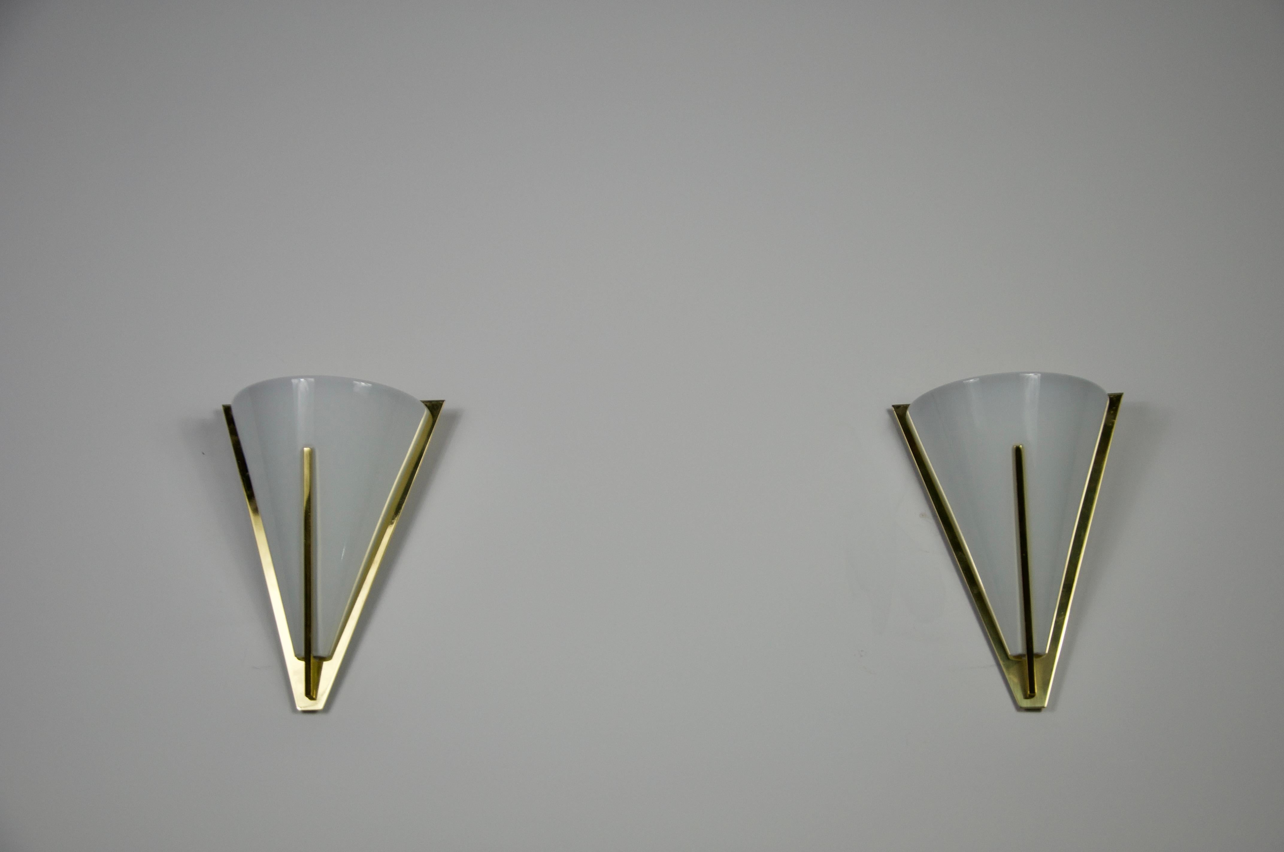Mid-20th Century Pair of Brass and Opaline Glass Wall Lamps by Glashütte Limburg, 1960s For Sale