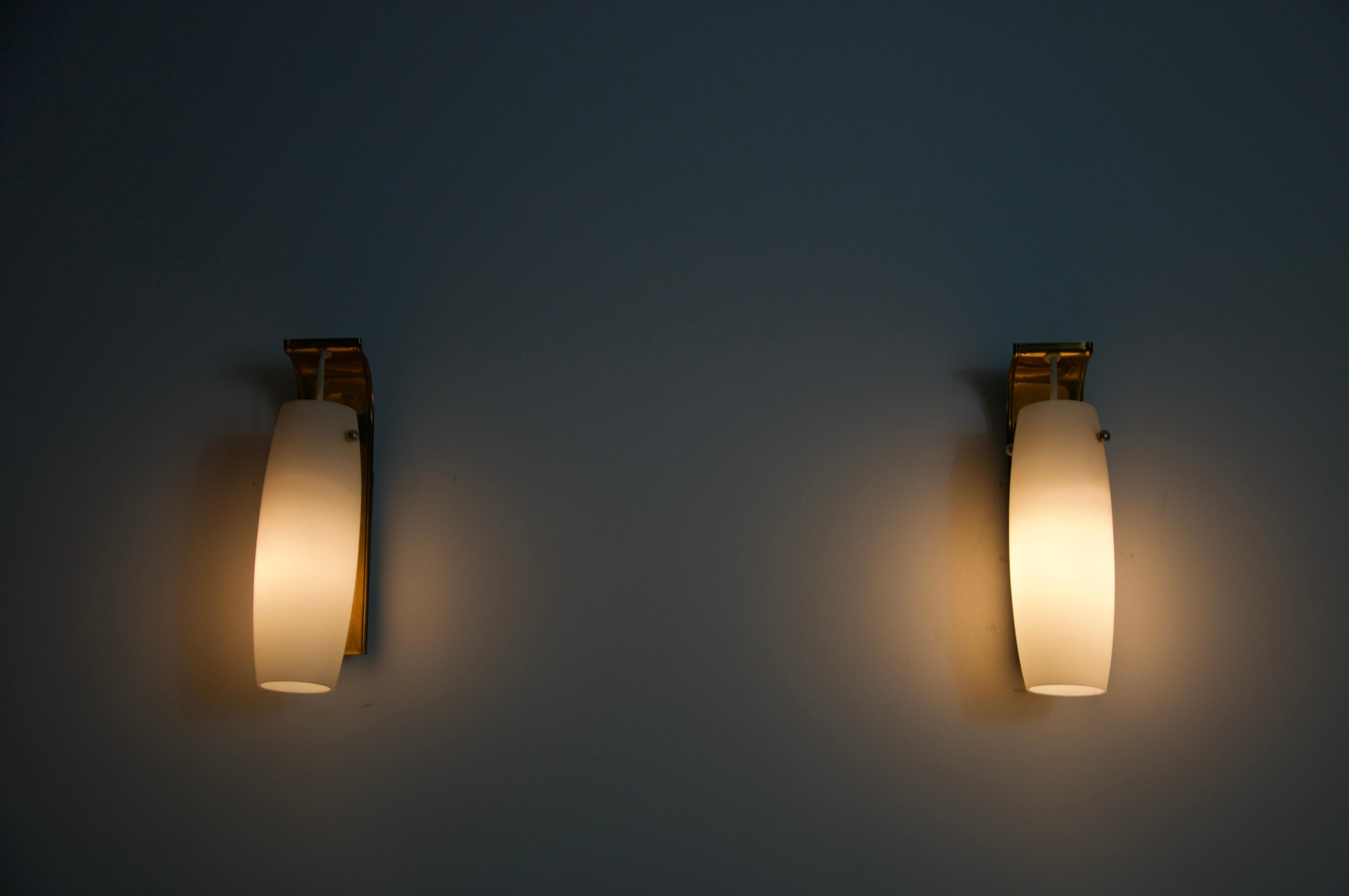 Mid-20th Century Pair of Brass and Opaline Glass Wall Lamps by Glashütte Limburg, 1960s For Sale