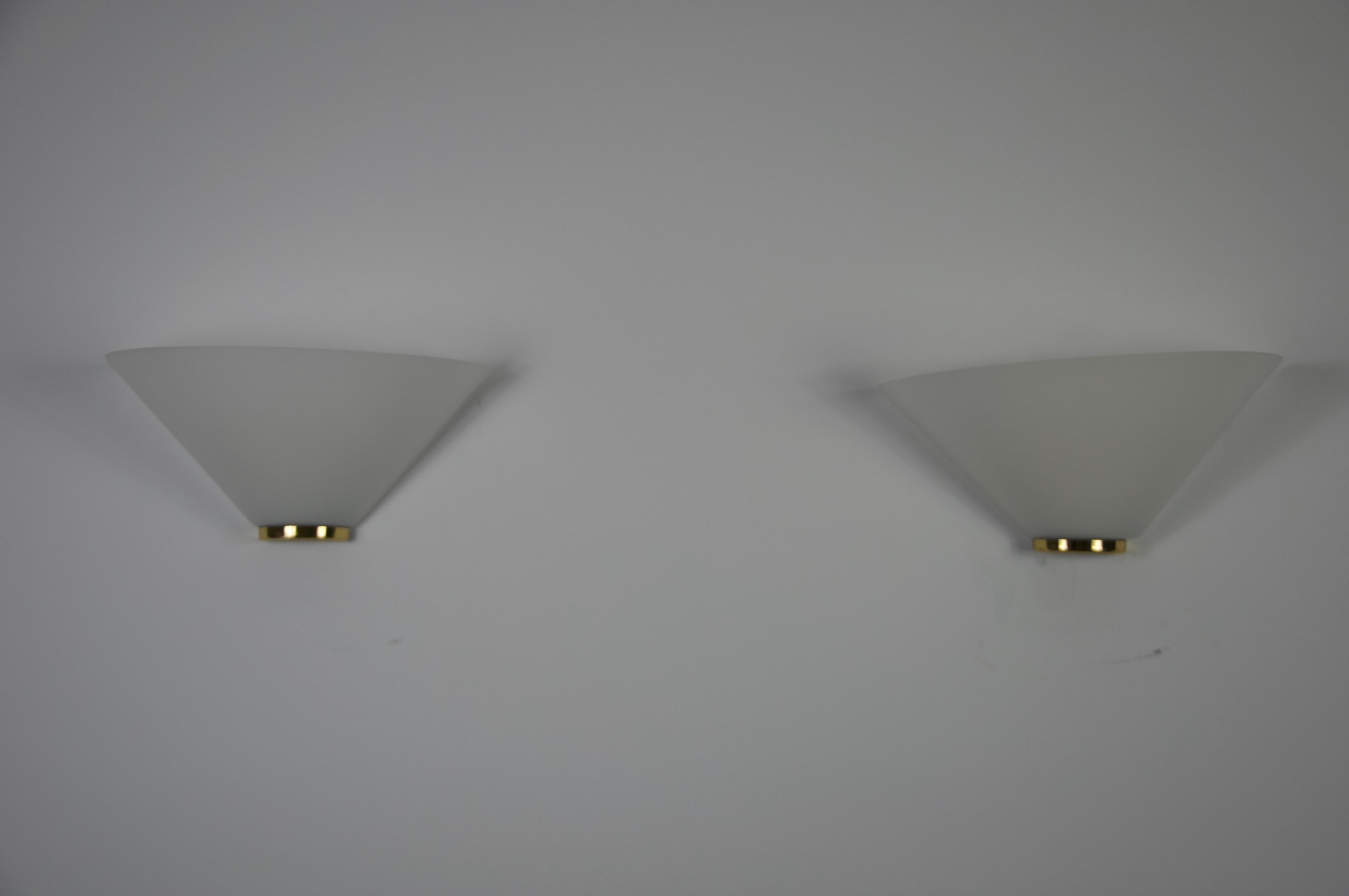 Mid-20th Century Pair of Brass and Opaline Glass Wall Lamps by Glashütte Limburg, 1960s For Sale
