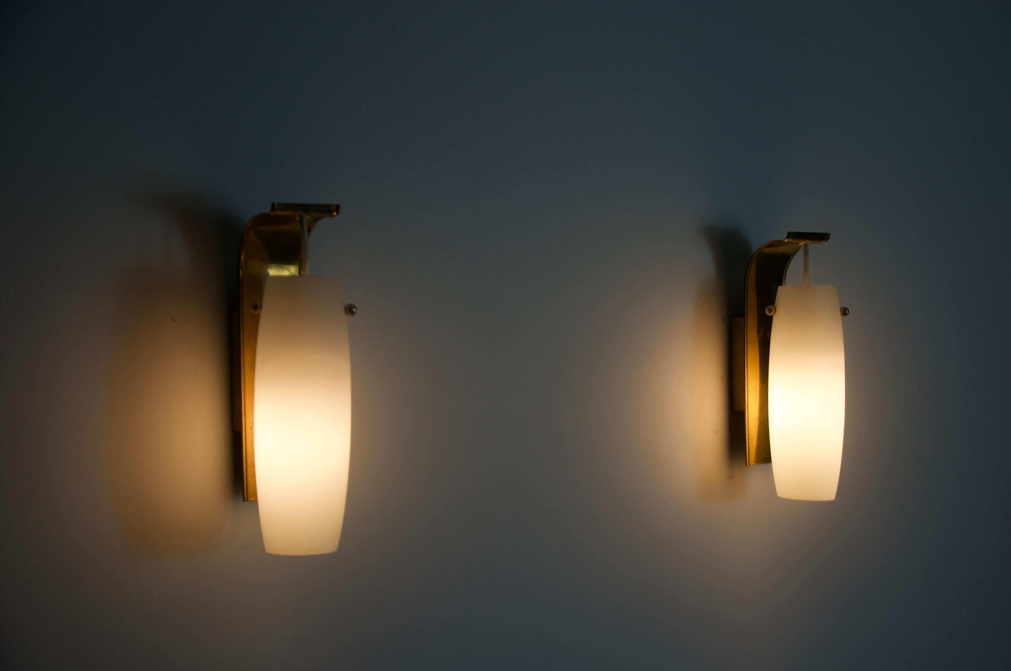 Pair of Brass and Opaline Glass Wall Lamps by Glashütte Limburg, 1960s For Sale 1