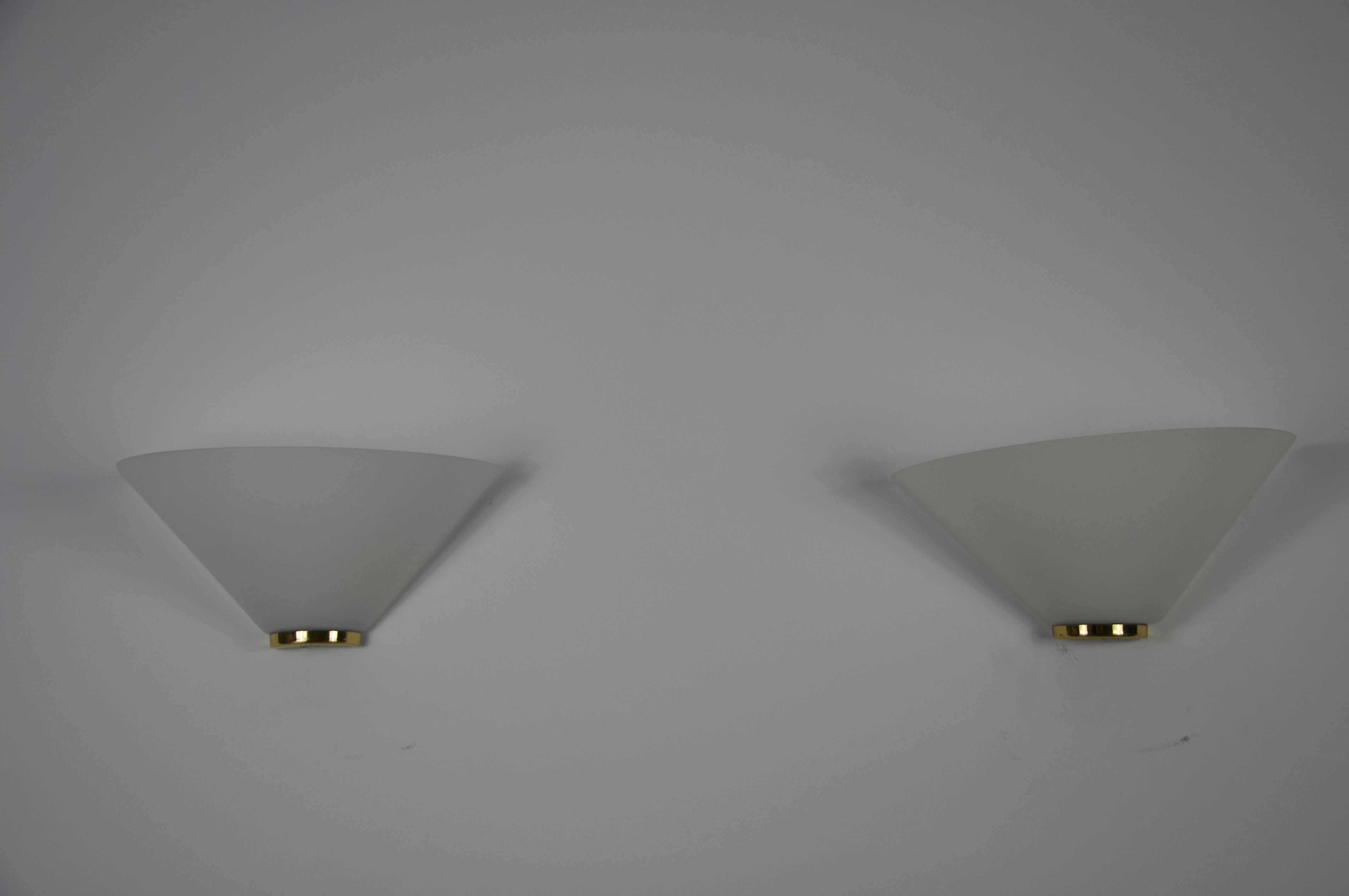 Pair of Brass and Opaline Glass Wall Lamps by Glashütte Limburg, 1960s For Sale 1