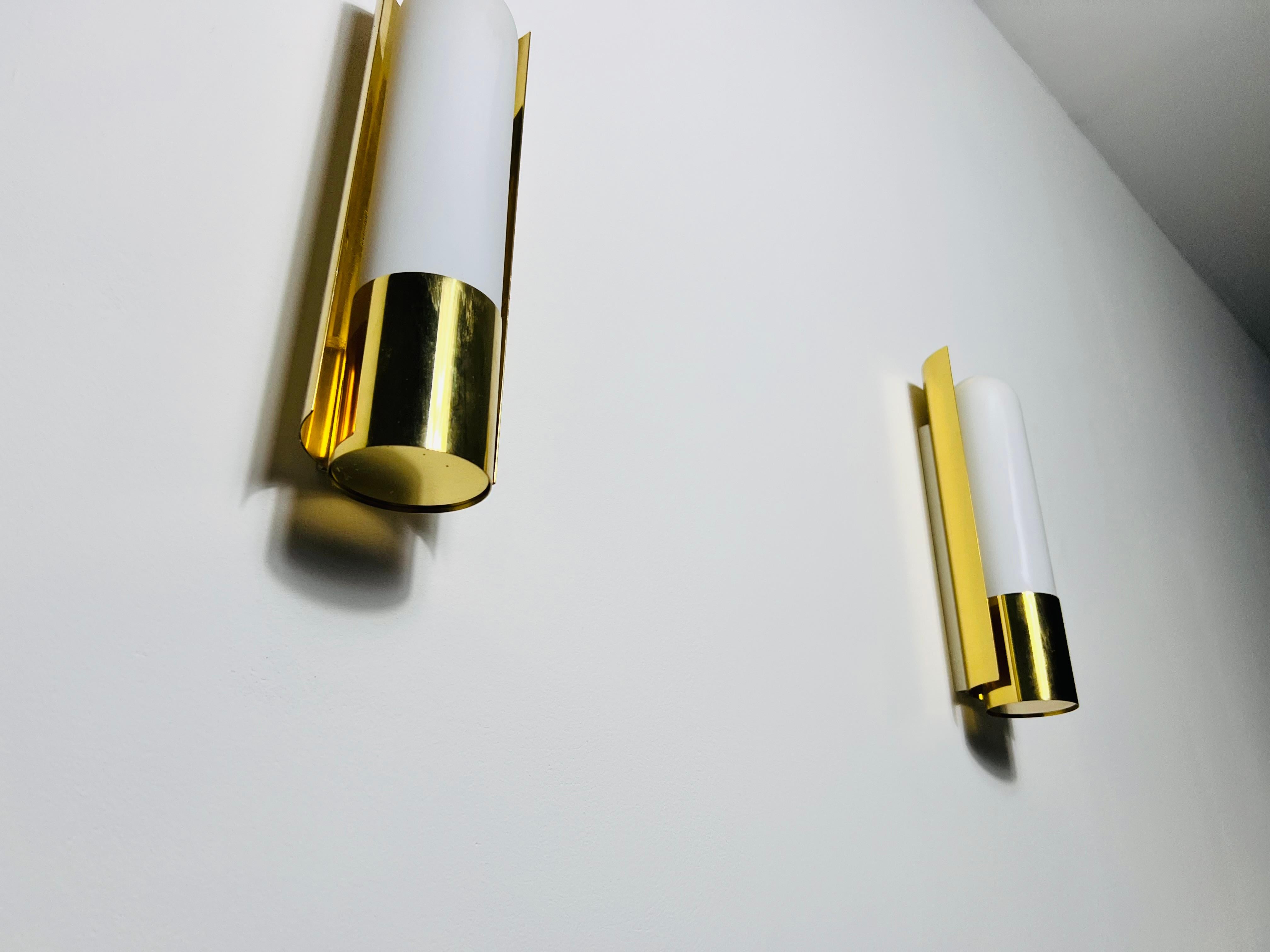 Pair of Brass and Opaline Glass Wall Lamps by Glashütte Limburg, 1960s For Sale 2