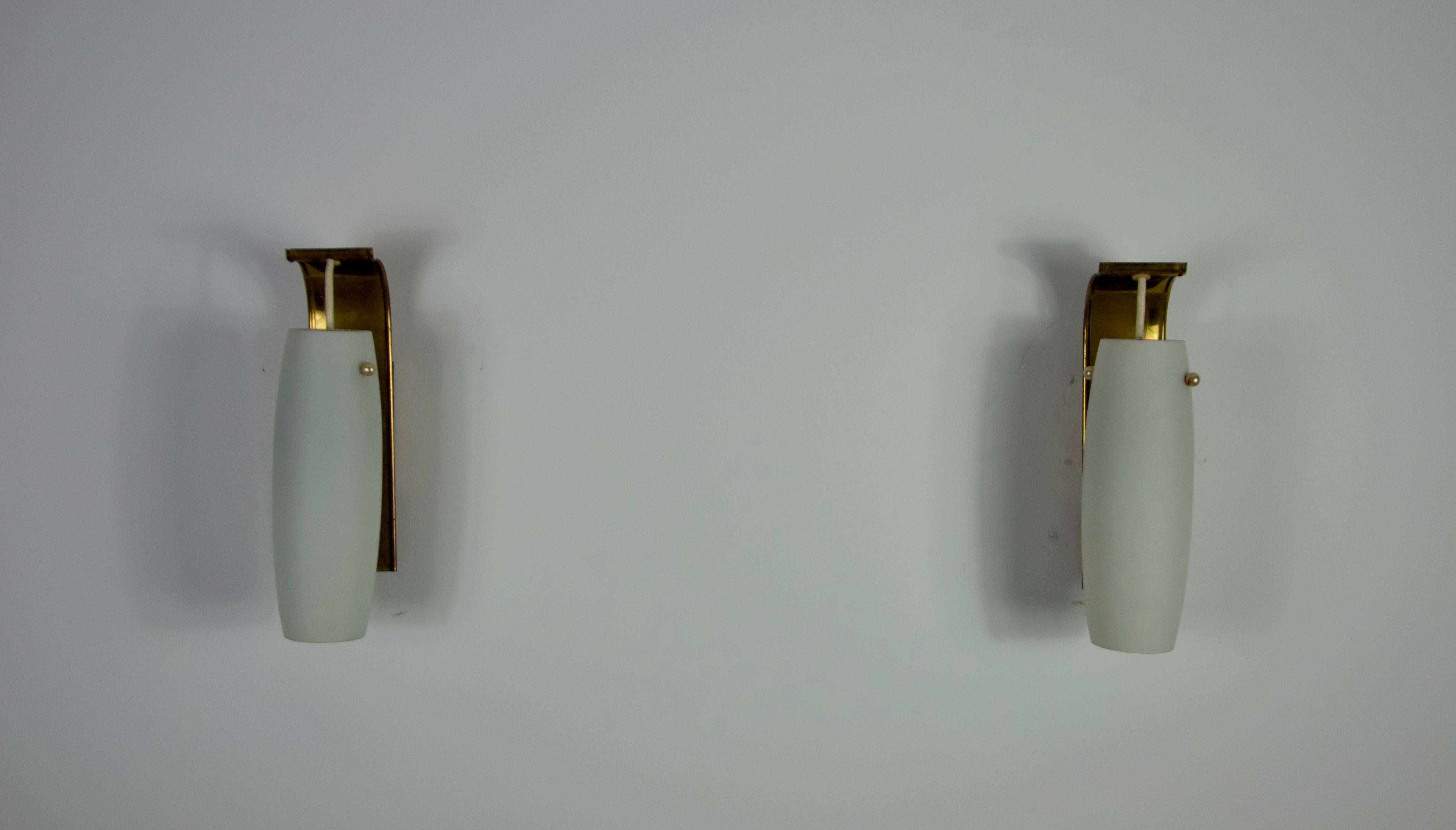 Pair of Brass and Opaline Glass Wall Lamps by Glashütte Limburg, 1960s For Sale 2