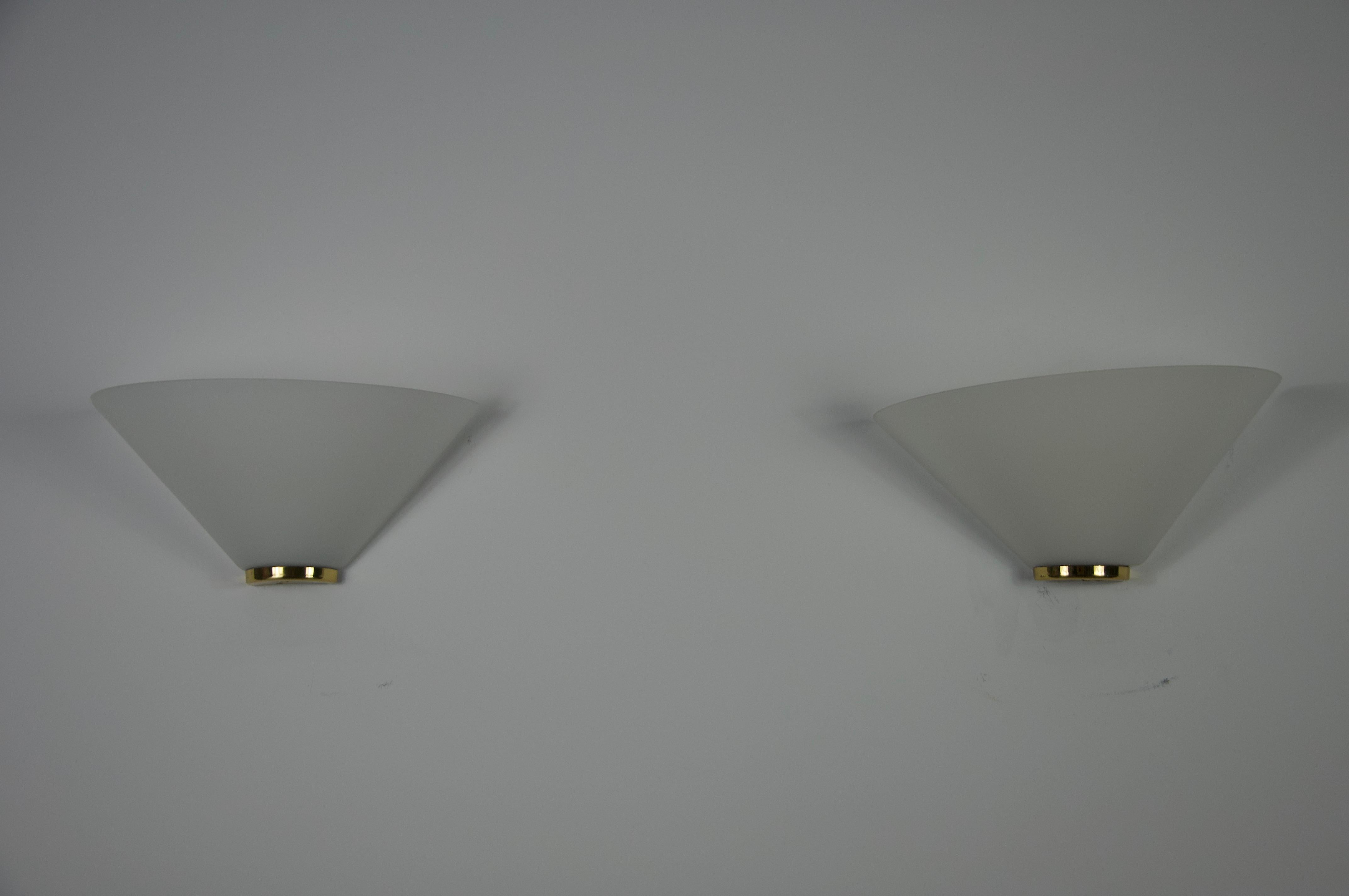 Pair of Brass and Opaline Glass Wall Lamps by Glashütte Limburg, 1960s For Sale 2