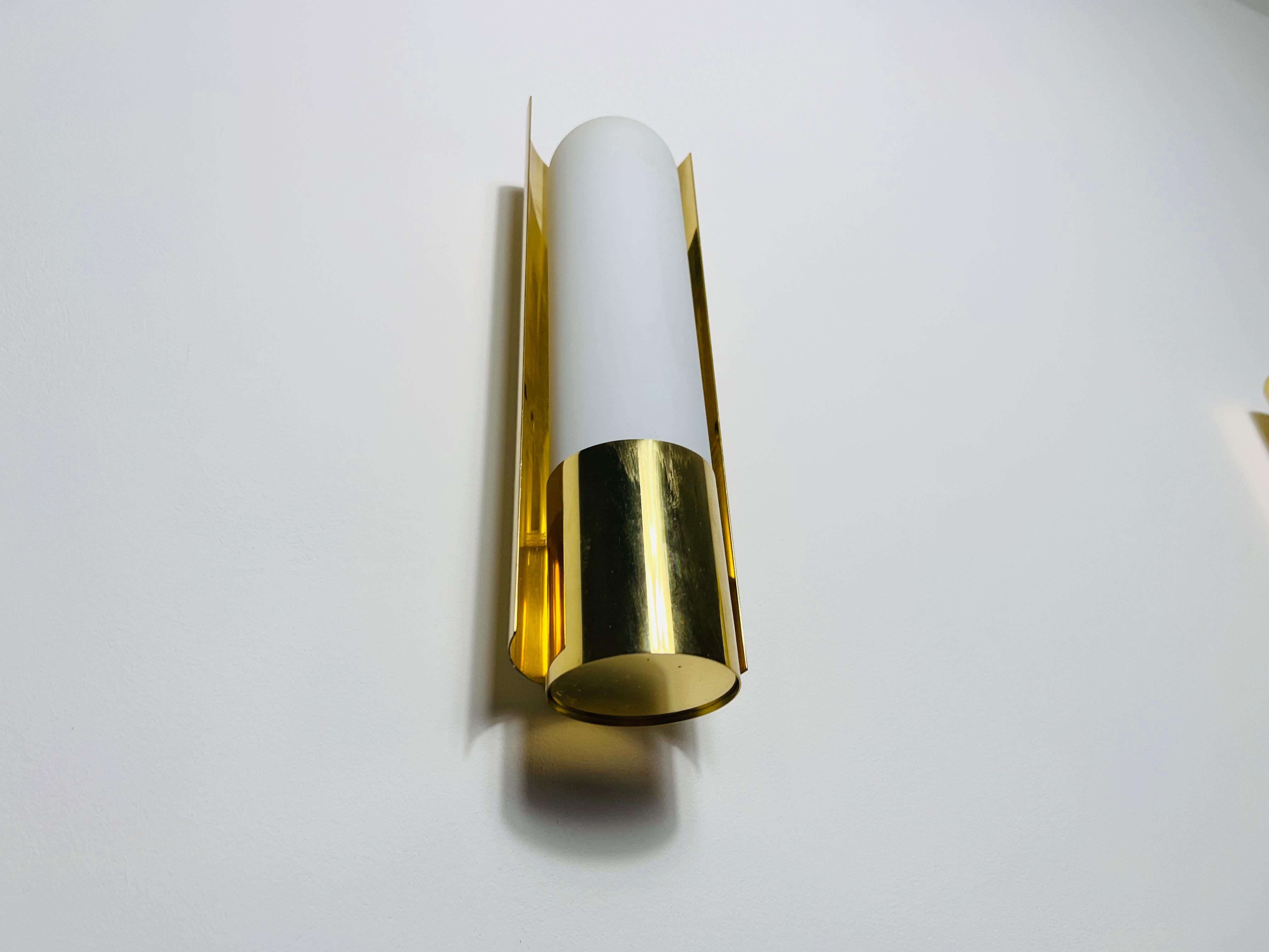 Pair of Brass and Opaline Glass Wall Lamps by Glashütte Limburg, 1960s For Sale 3