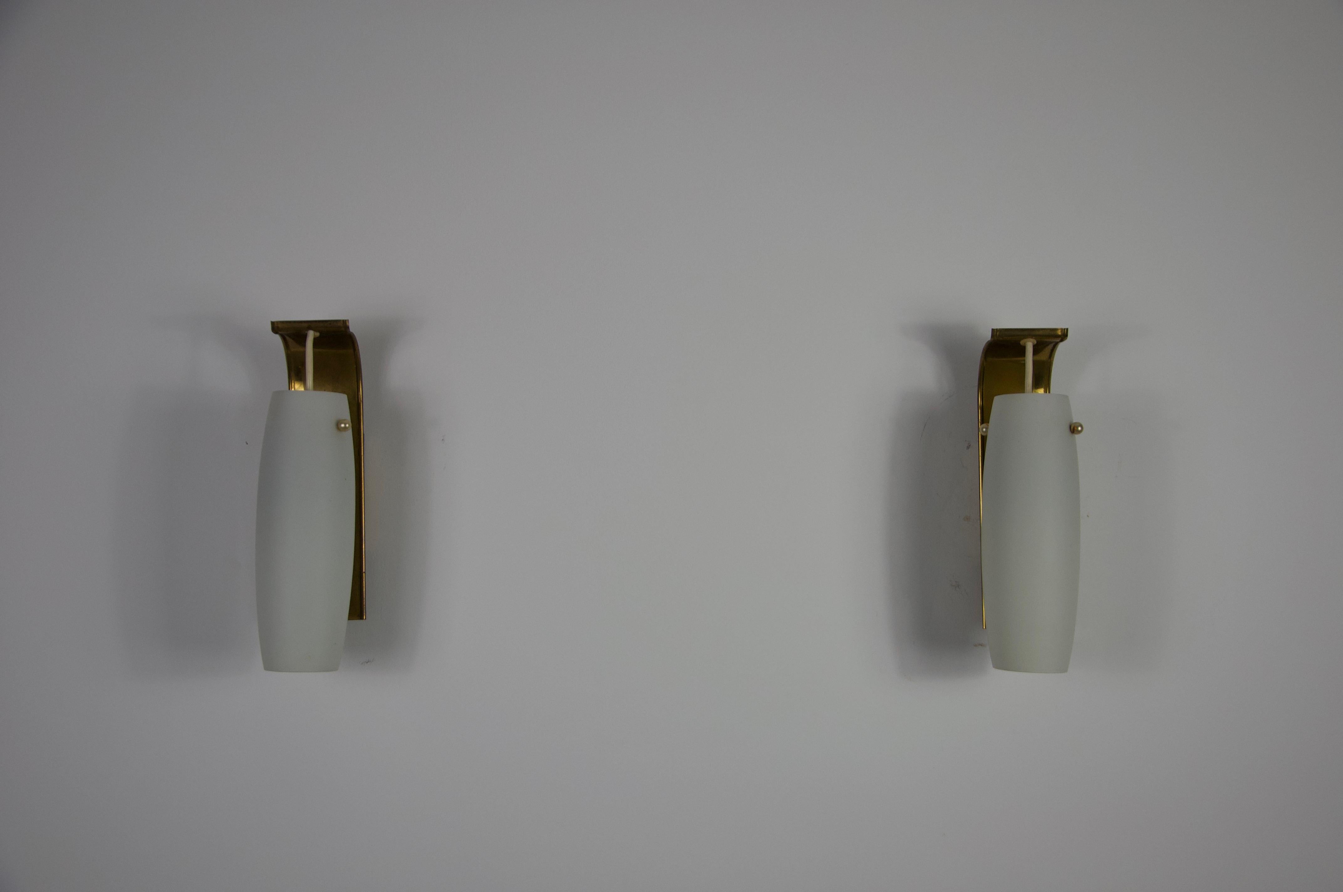 Pair of Brass and Opaline Glass Wall Lamps by Glashütte Limburg, 1960s For Sale 3