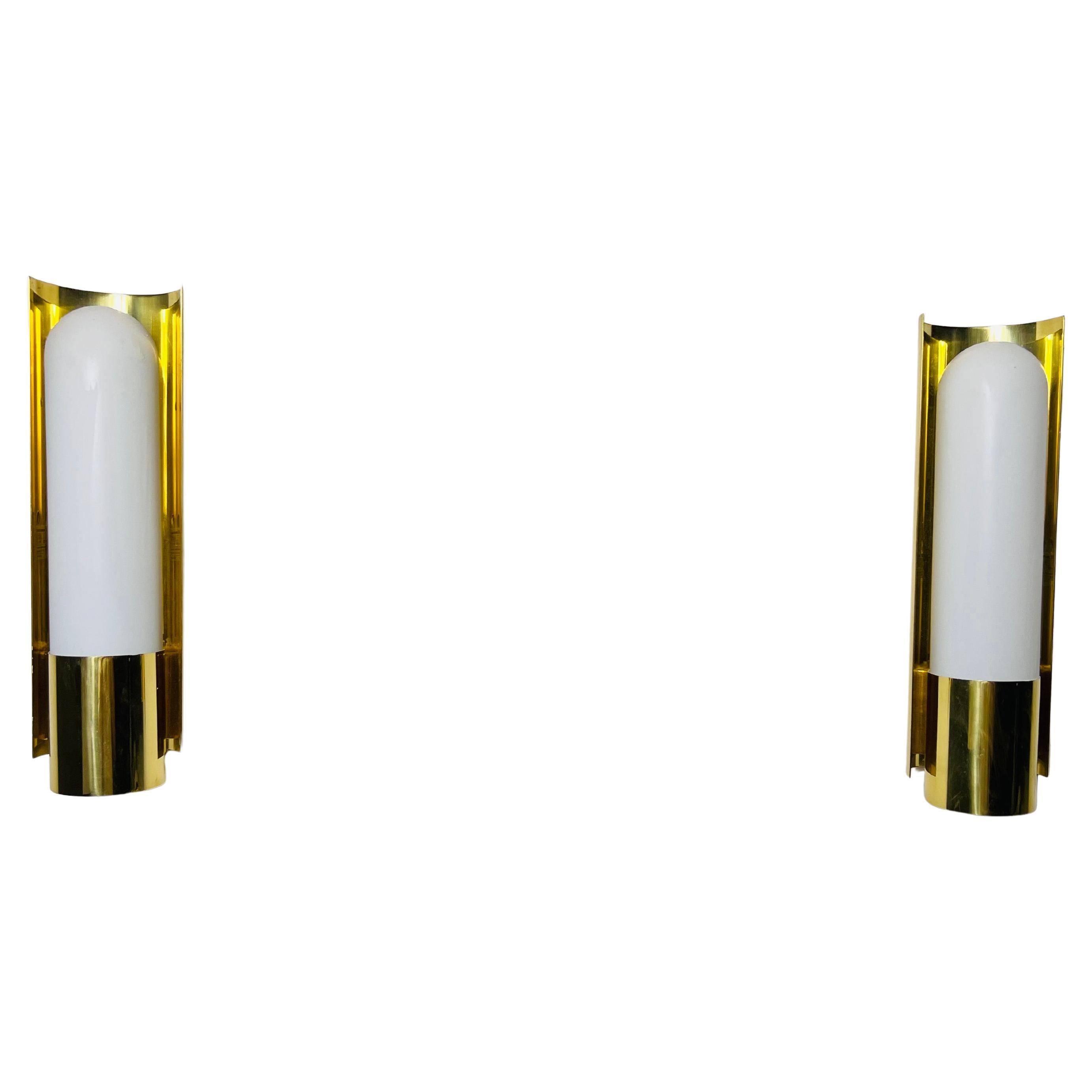 Pair of Brass and Opaline Glass Wall Lamps by Glashütte Limburg, 1960s